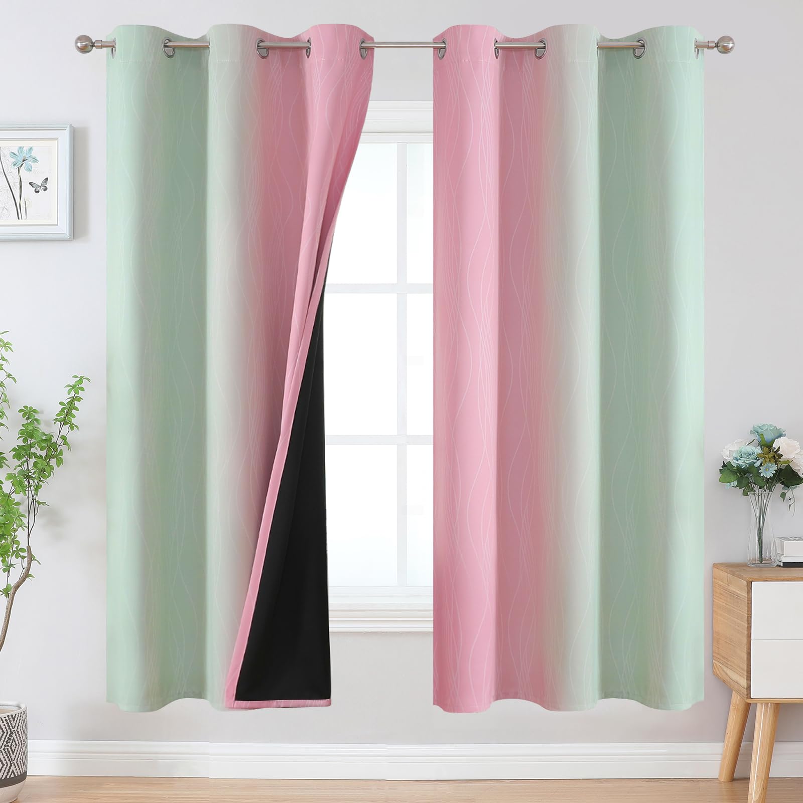 Estelar Textiler Sage Green and Pink Ombre Blackout Curtains 72 Inches Length for Bedroom, Thermal Insulated Light Blocking Grommet Gradient Blackout Drapes for Living Room, 42Wx72L, 2 Panels