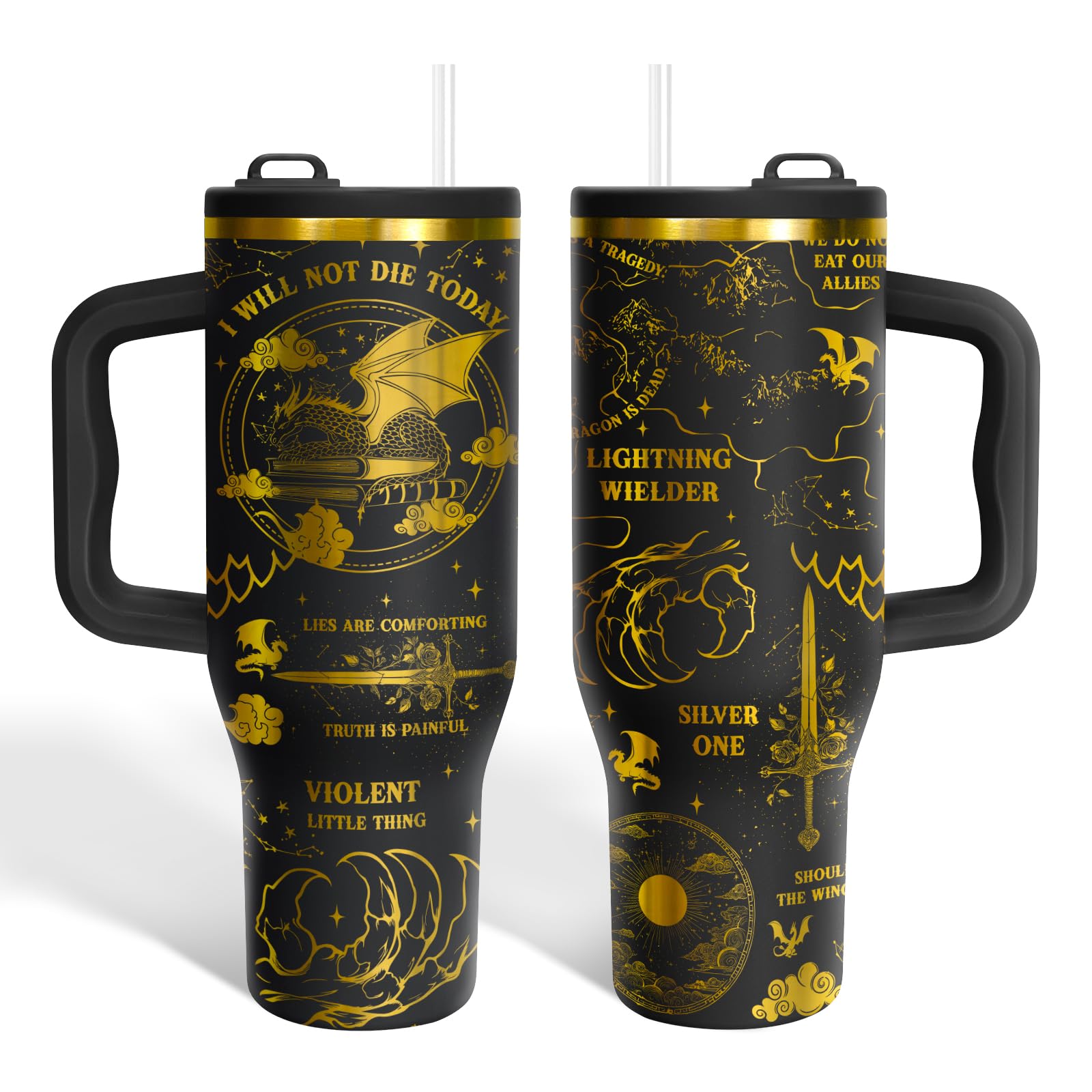34HD Dragon Riders Tumbler 40oz with Handle and Straw, Bookish Item for Him