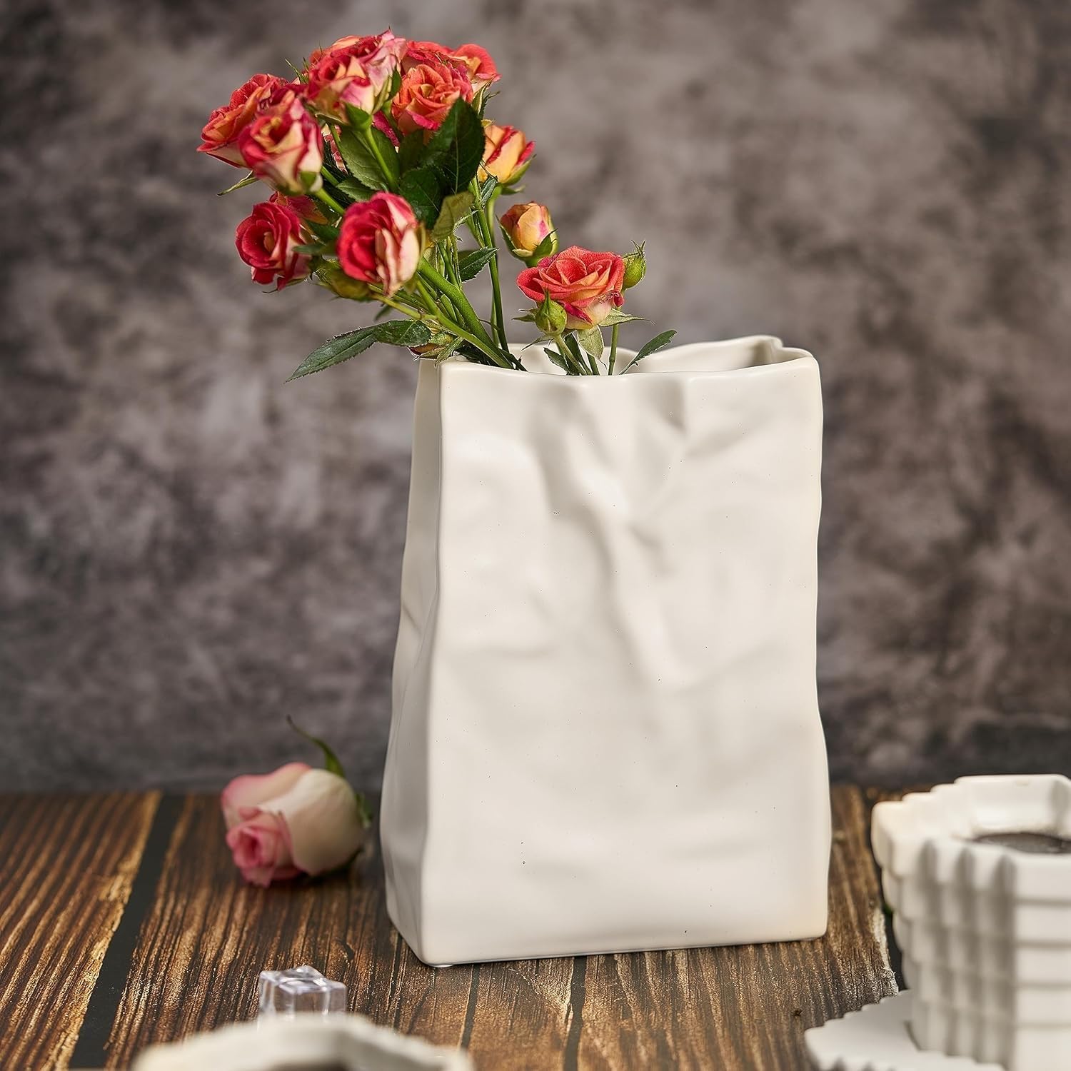 Relexome Paper Bag Vase Crinkle Wide Ceramic Flower Vase Boho Wabi-Sabi Vases, Cute Home Office Living Room Decor Aesthetic Unique Bookshelf Decorative, Bouquet Gifts for Women Girl 8 Inch: Cream White