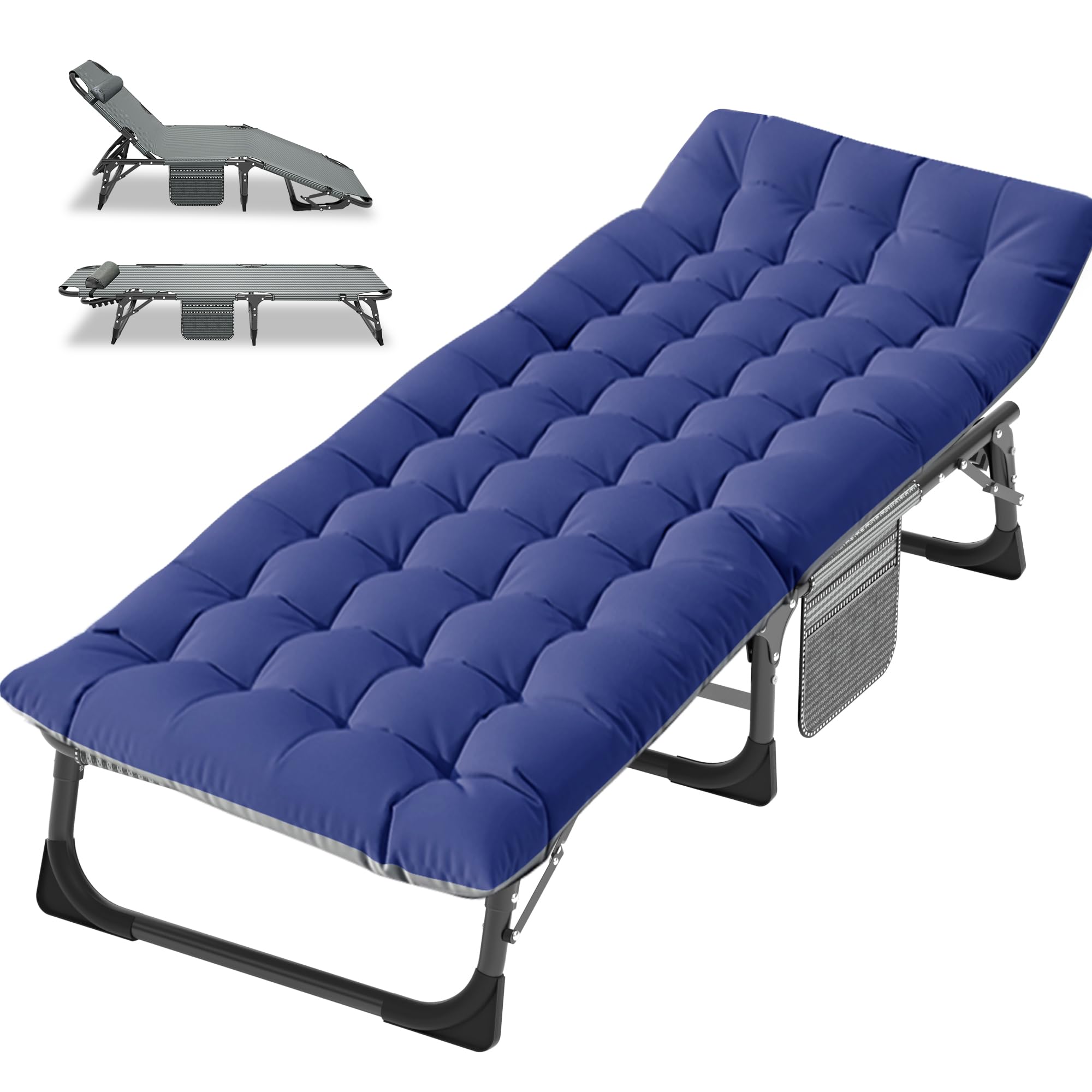 Obqer Folding Camp Bed, 200KG Capacity Sun Loungers with Mattress and Side Pocket, 5 Adjustable Backrest, Steel Frame and Oxford Cloth Camping Cot, Camp Beds for Adults Garden Travel