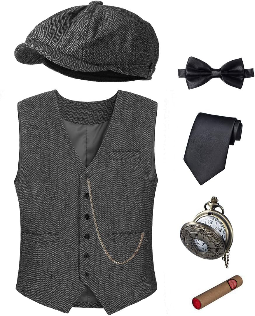 1920s Mens Costume Vest Hat Pocket Watch Accessories Set Adult Party Cosplay