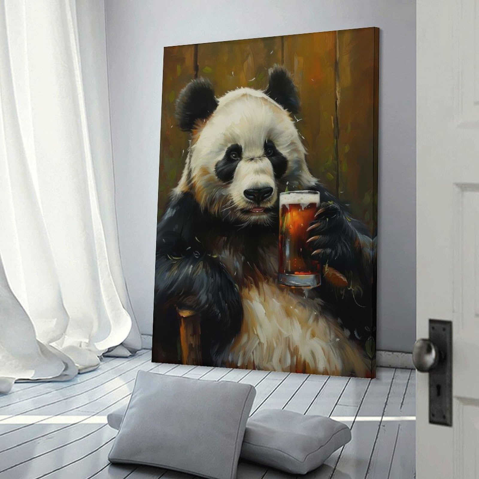 Junmoney Canvas Wall Picture Beer Drinking Panda, 08x12inch(20x30cm), for Bedroom, Lounge Or Dressing Area, Stylish Decor for A Restful Room Update