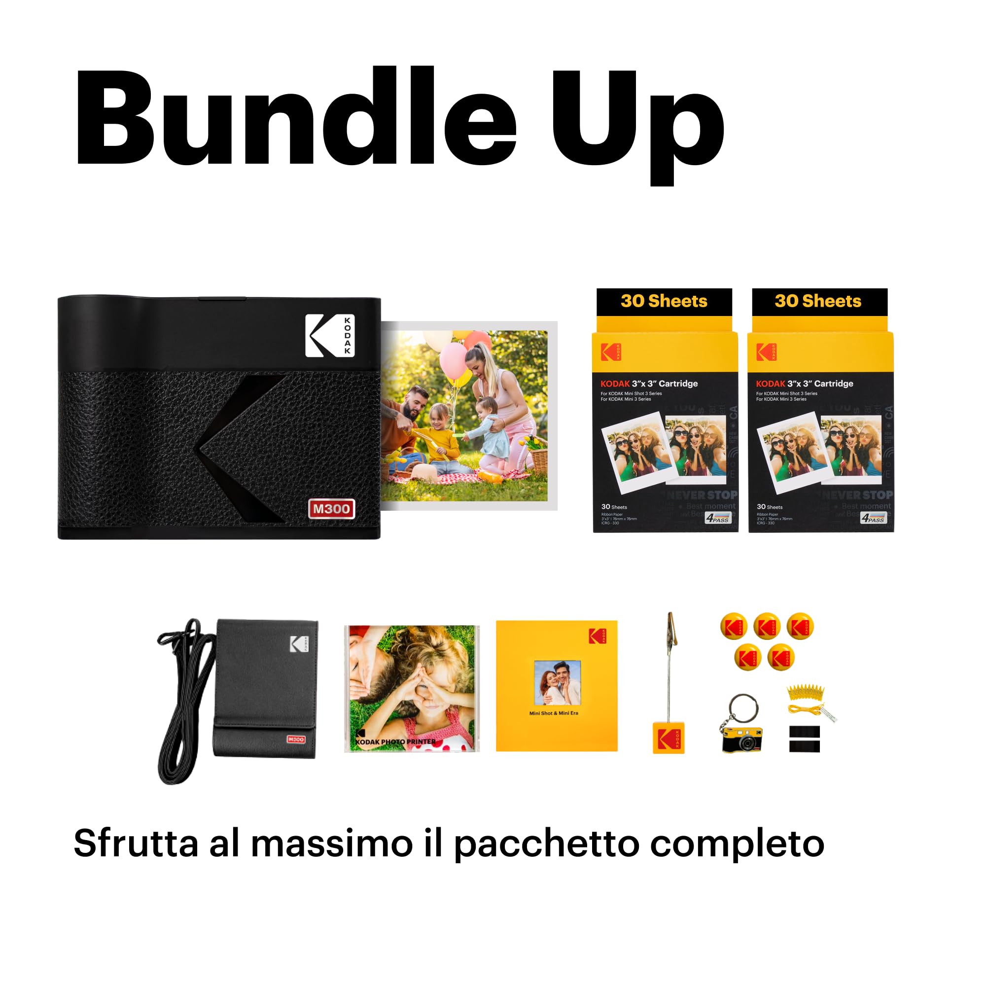 KODAK Mini 3 Era Regalo di Natale 4PASS Stampante Fotografica Portatile (7.6x7.6cm) (Fotografica Portatile + 8 Fogli inclusi + Pacchetto accessori e 60 Fogli, Giallo)