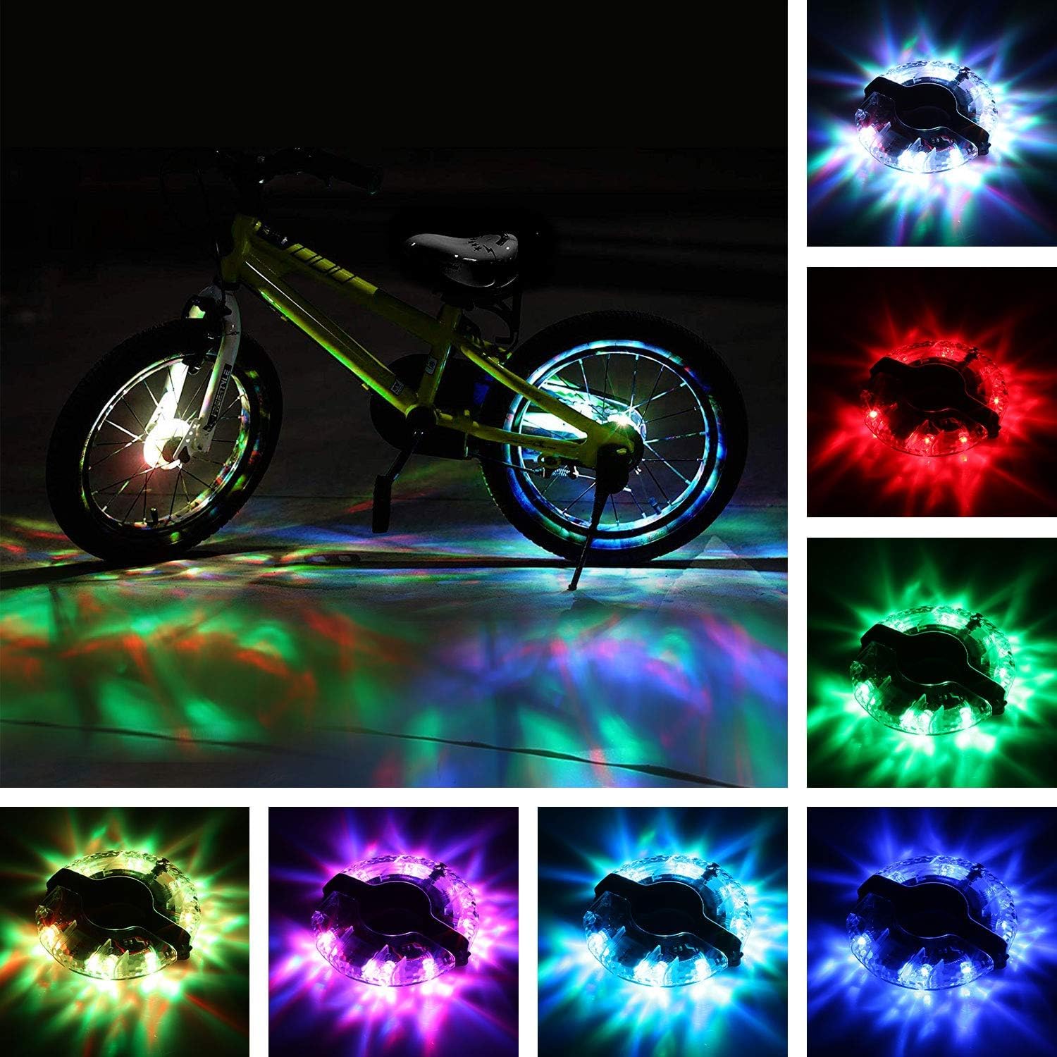 Rechargeable Bike Wheel Hub Lights Waterproof LED Cycling Spoke Lights 7 Color 18 Images Bicycle Safety Warning Decoration Light for Kids and Adults Night Riding