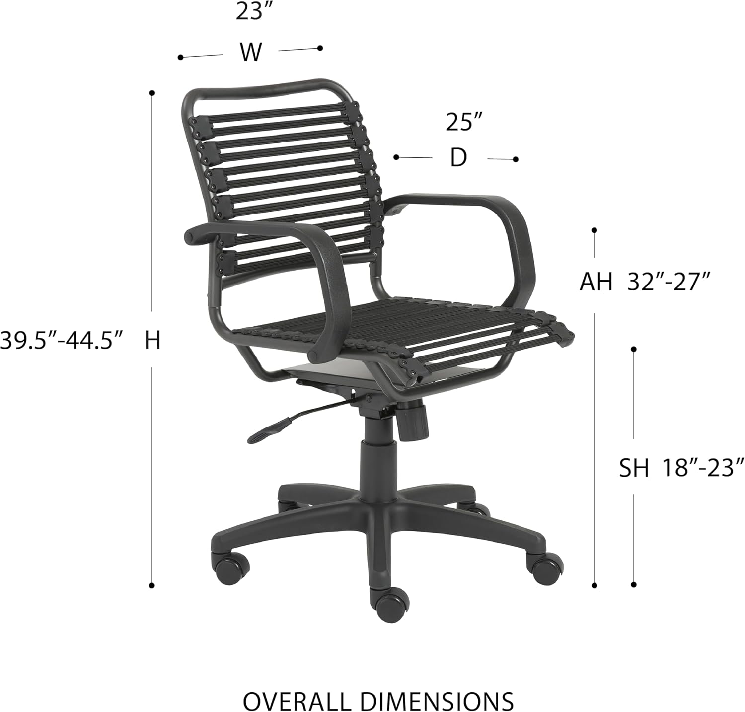 Euro Style Bungie Flat Mid Back Office Chair | Two-Lock Tilt with 360° Swivel | Adjustable Height | Suitable for Home Spaces and Business Settings | Black with Graphite Black Frame and Black Base