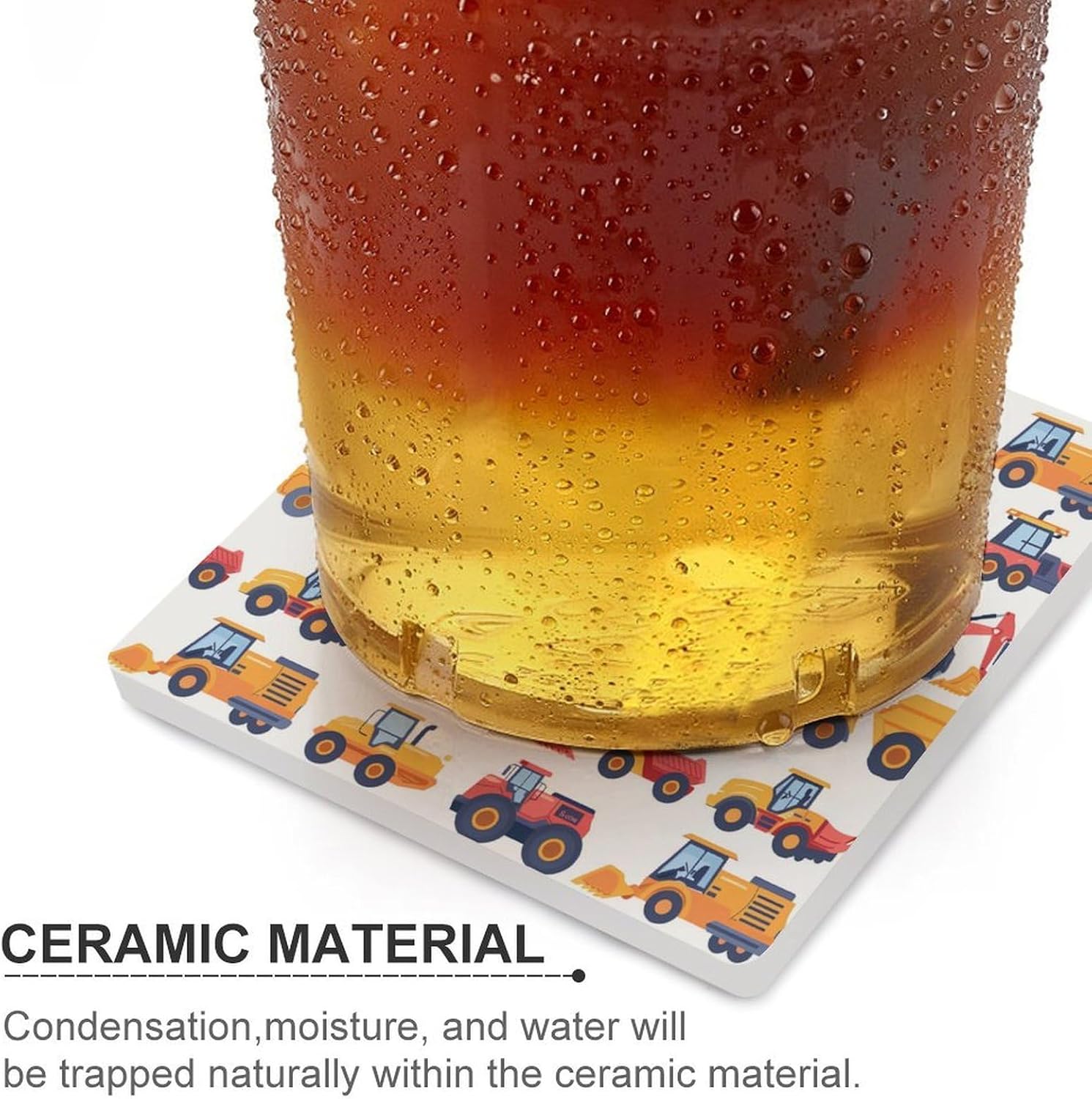 Construction Vehicles Pattern Coaster for Drinks Square Ceramic Table Coasters Stone Mat Crafts 6PCS Home Kitchen Decor