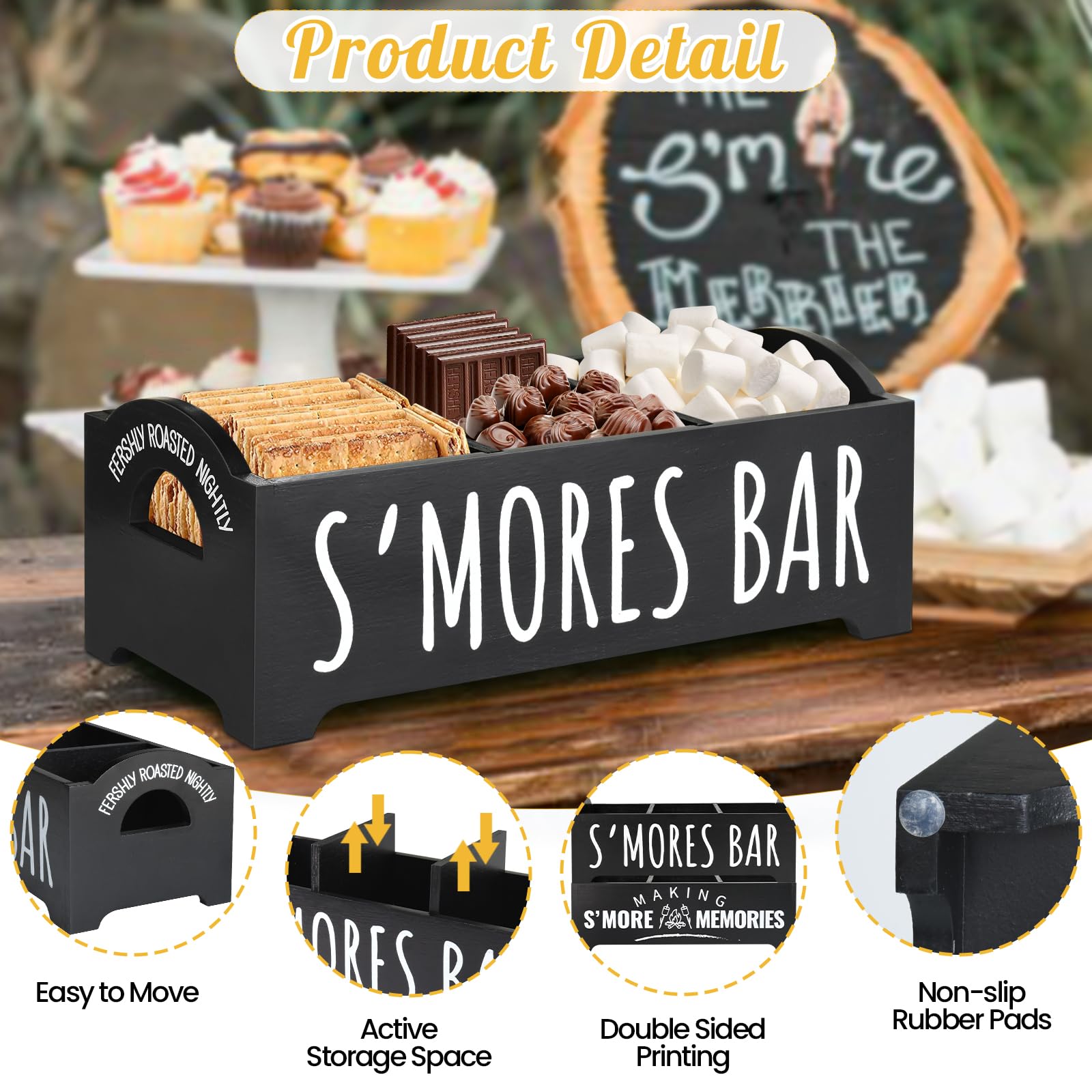 Cajas decorativas para Smores Caddy, estación de madera S'Mores con asas, kit de Smores negros para caja para hacer smores de hoguera