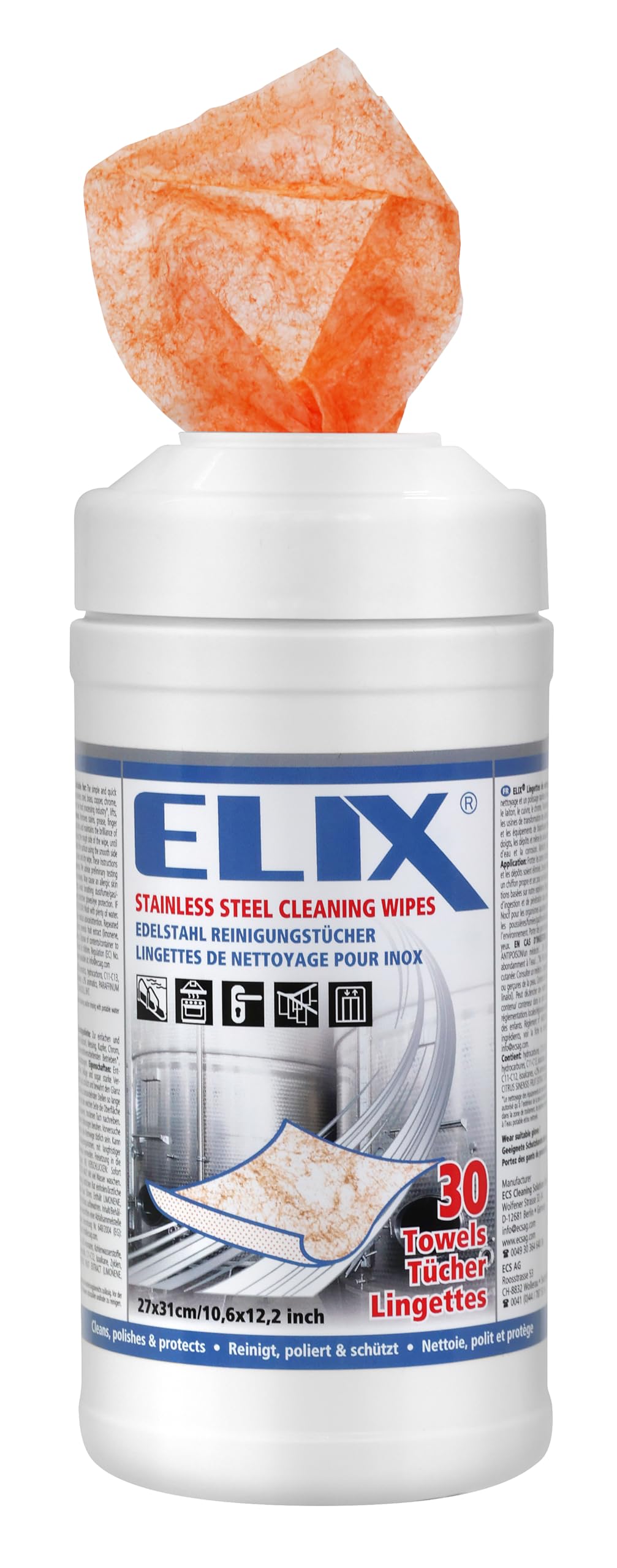 ELIX Salviette Umidificate per la Pulizia dell’ Accacio Inox - per Acciaio Inox, Alluminio, Ceramica, Cromo, Rame e Ottone - 30 Pezzi in Dispenser - Panni Umidi 27 * 31cm - Resistenti ed Efficaci