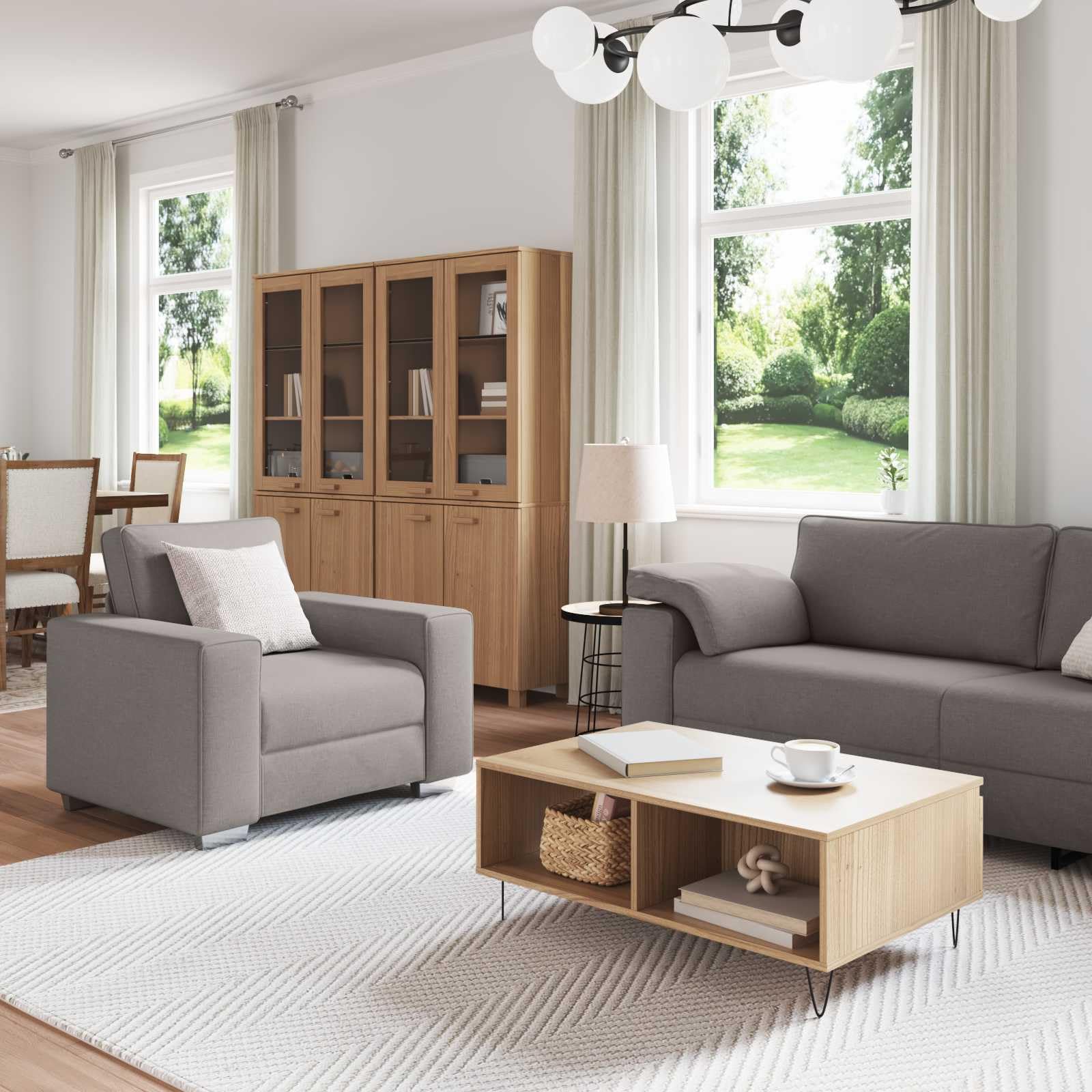 3-częściowy zestaw sof, taupe, 219 x 80 x 82 cm, z mieszanki lnu, fotel relaksacyjny, stolik kawowy, nowoczesny salon, sofa