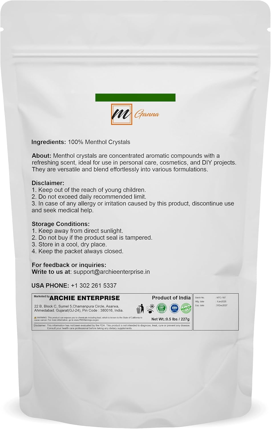 Food Grade Menthol Crystals 227g / 0.5lbs – Natural, Refreshing, Multipurpose