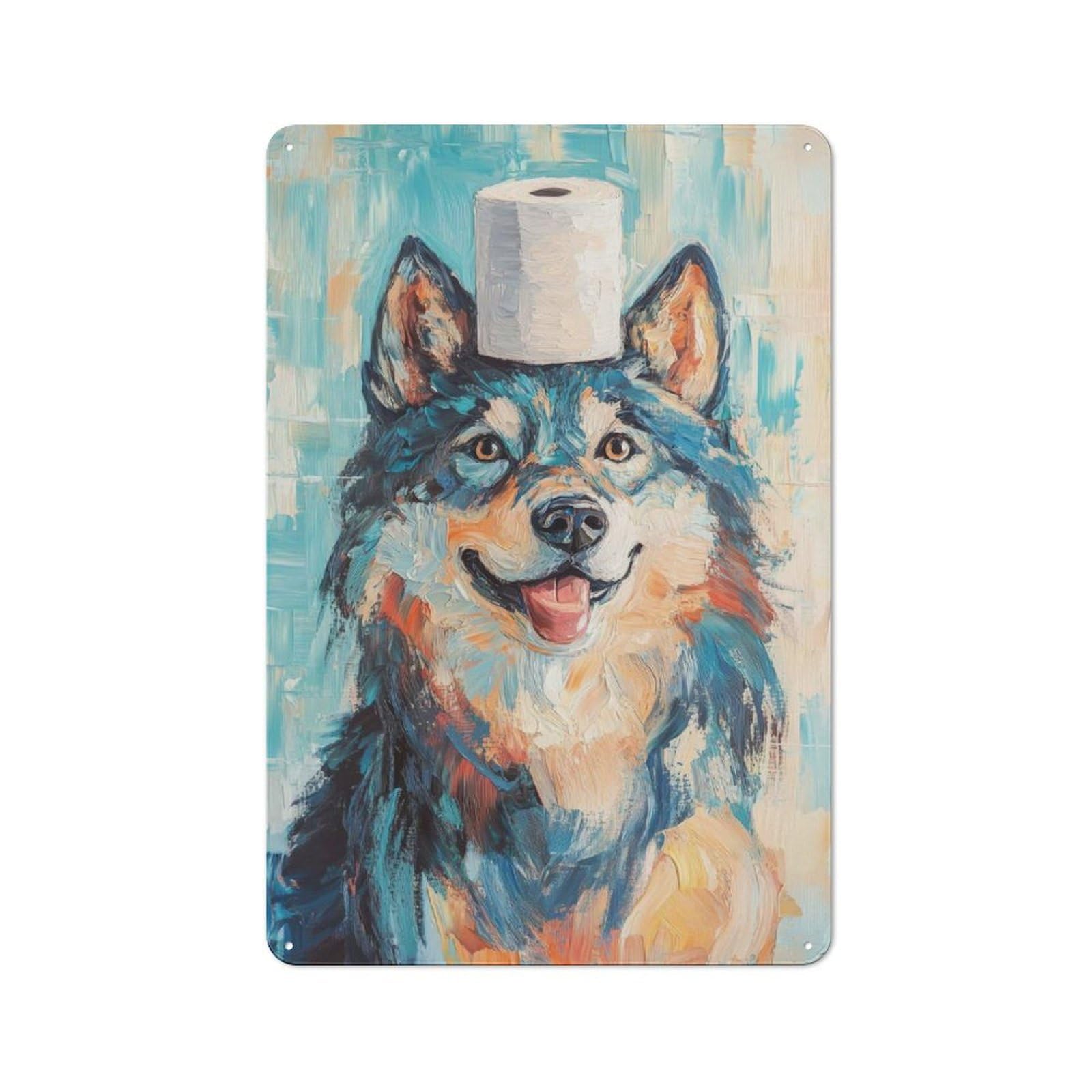 Nostalgic Wolf with Toilet Paper Hat Metal Wall Sign 30x20cm, Bar Wall Plaque for Pub, Home Bar, Shed Or Man Cave