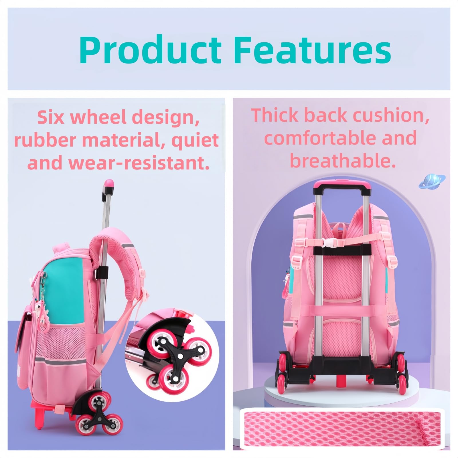 Mochila con Ruedas para Niñas, Mochila Escolar Trolley Desmontable Moderna para Alumnas de Primaria