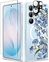 Vista 111 de GVIEWIN Funda protectora para Samsung Galaxy S25, transparente floral, delgada, a prueba de golpes, para mujer, no se pone amarilla, con protector