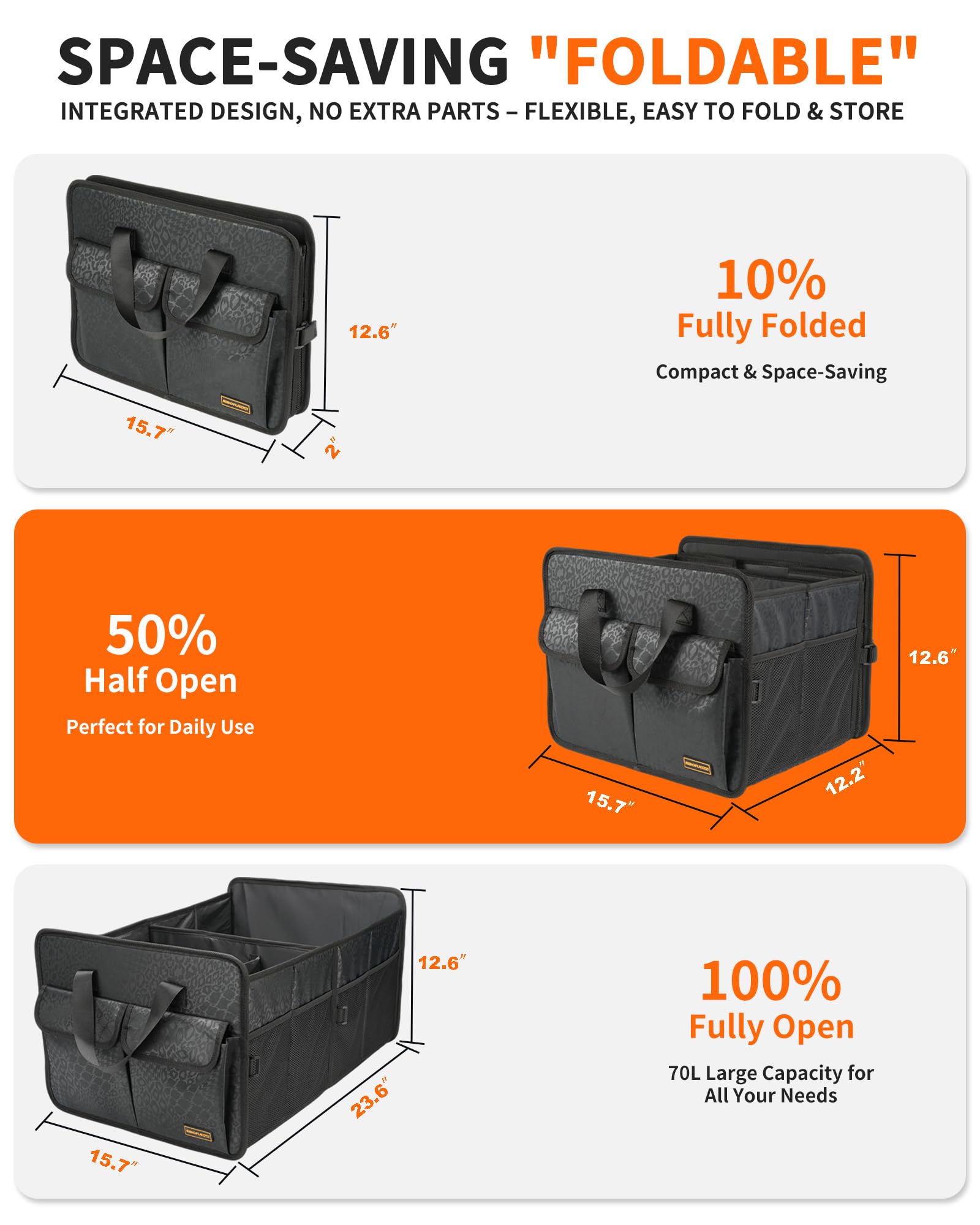 Sturdy Car Trunk Organizer – Large Capacity Trunk Organizer for SUVs & Sedans, Hard-Shell One-Piece Design with Cute Print, Collapsible and Durable Car Organizers (Black Leopard 70L)