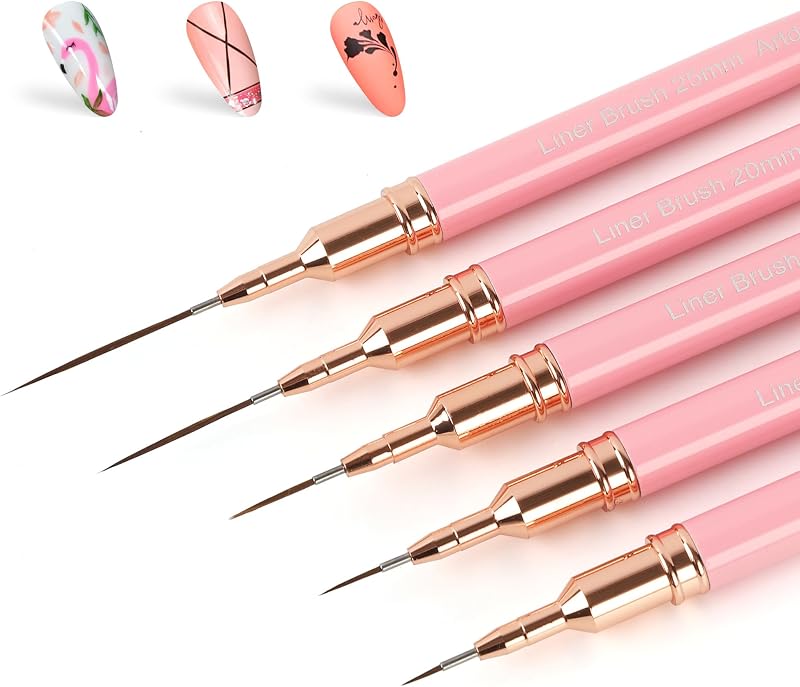 Bolígrafos metálicos para decoración de uñas, juego de pinceles para delineadores, 5 piezas de herramientas para uñas rosas | Para líneas largas, detalles finos, dibujo fino, pincel delineador, esmalte de Gel UV, pintura, diseño de uñas, tamaños 5/8/12/20/25mm