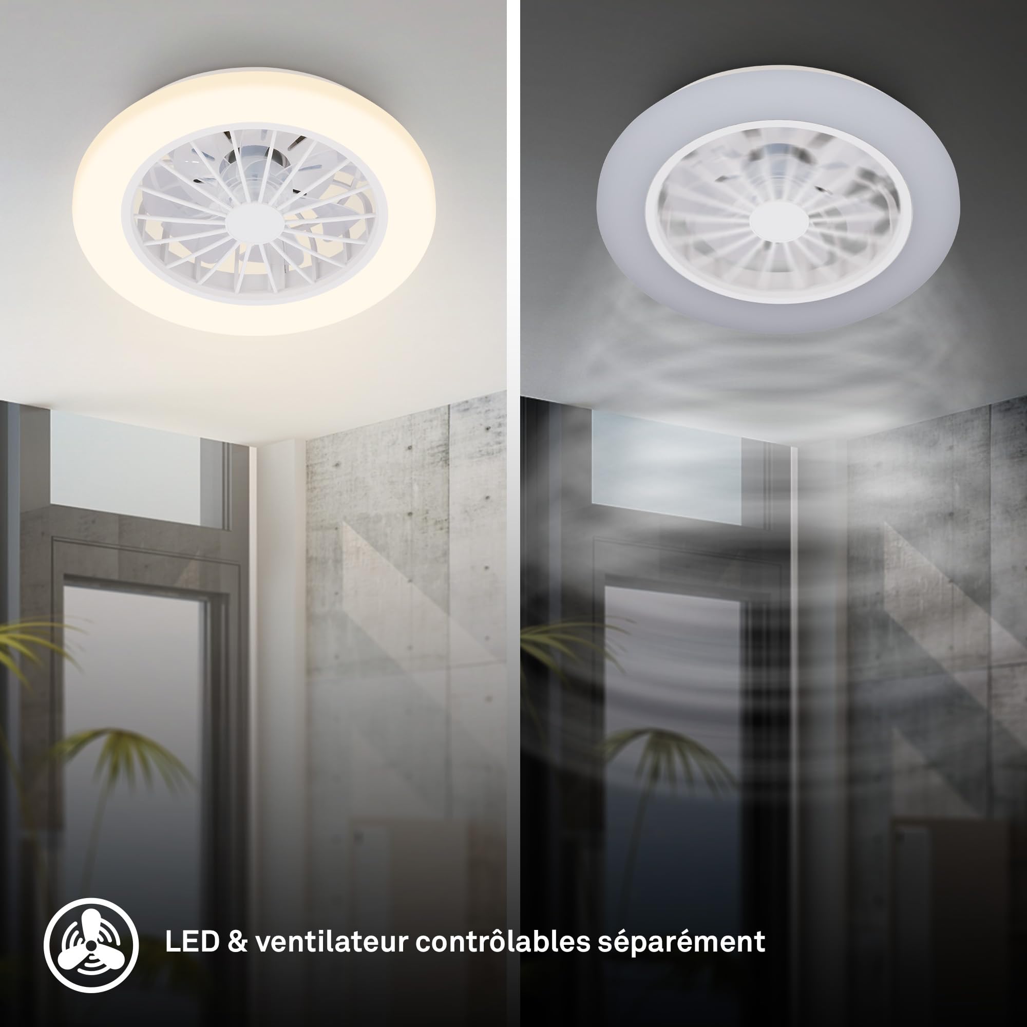 Plafonnier ventilateur de plafond LED BRILONER avec télécommande, moteur DC silencieux 5 vitesses, CCT et intensité réglable, 38 cm, blanc