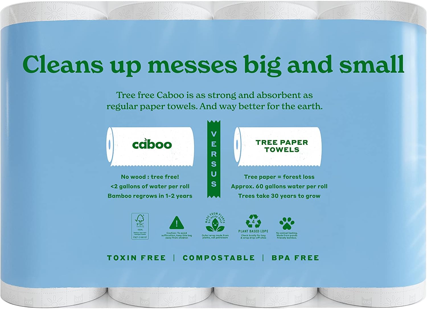 Caboo Tree Free Bamboo Paper Towels, 8 Rolls, Earth Friendly Sustainable Kitchen Paper Towels with Strong 2 Ply