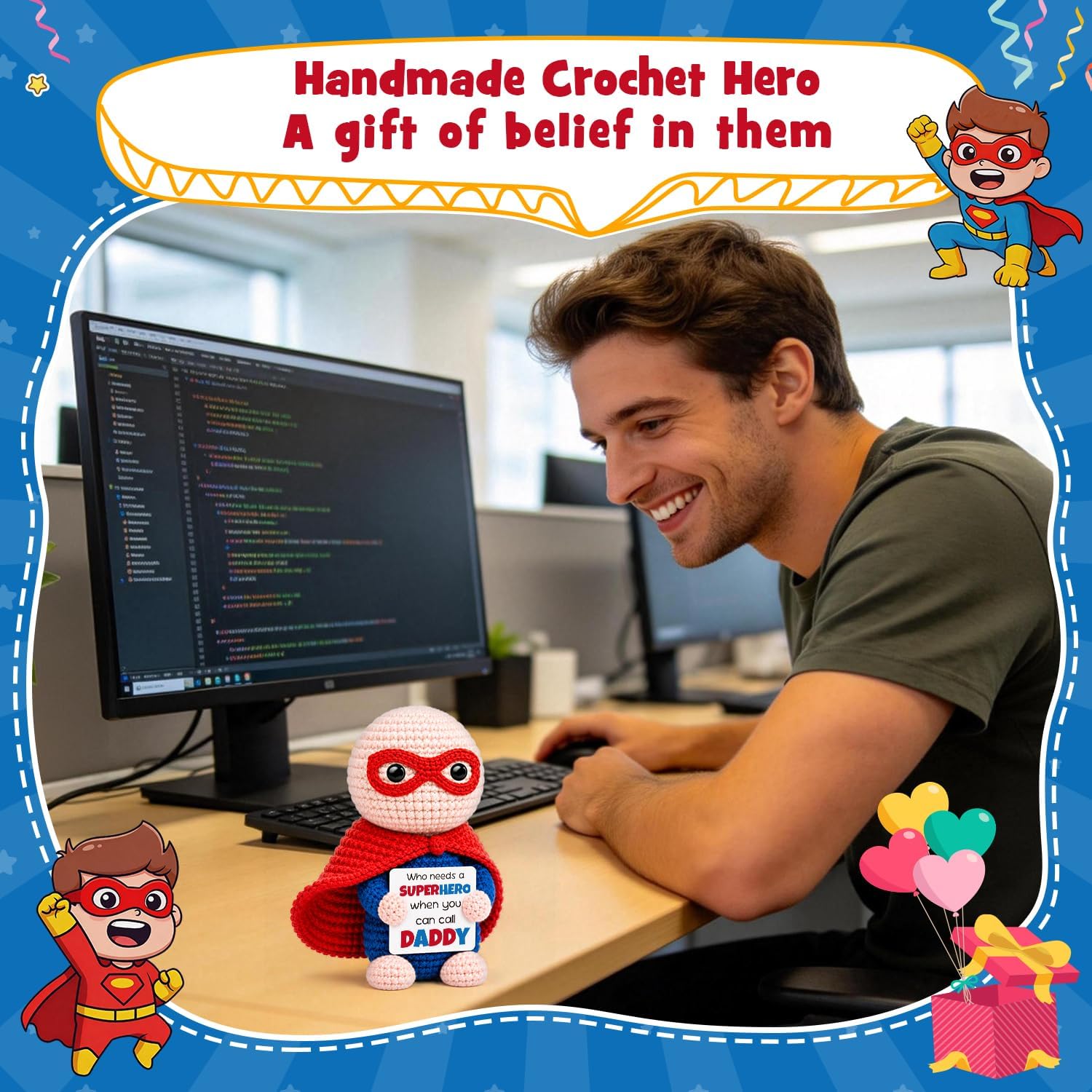 Busy Gaming Life Fathers Day Birthday Dad Gifts from Daughter Son, Crochet Superhero Gift for Father from Kids,Step Best Bonus Dad Father in Law Daddy,Daddy Office Desk Accessories