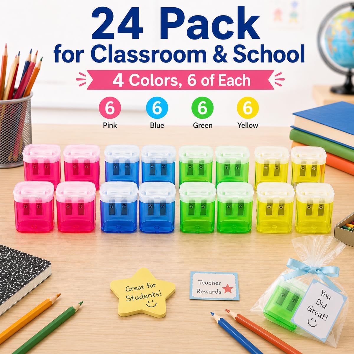 ForTomorrow 24-Pack Pencil Sharpener for Classroom, Dual-Hole with Lids image 2