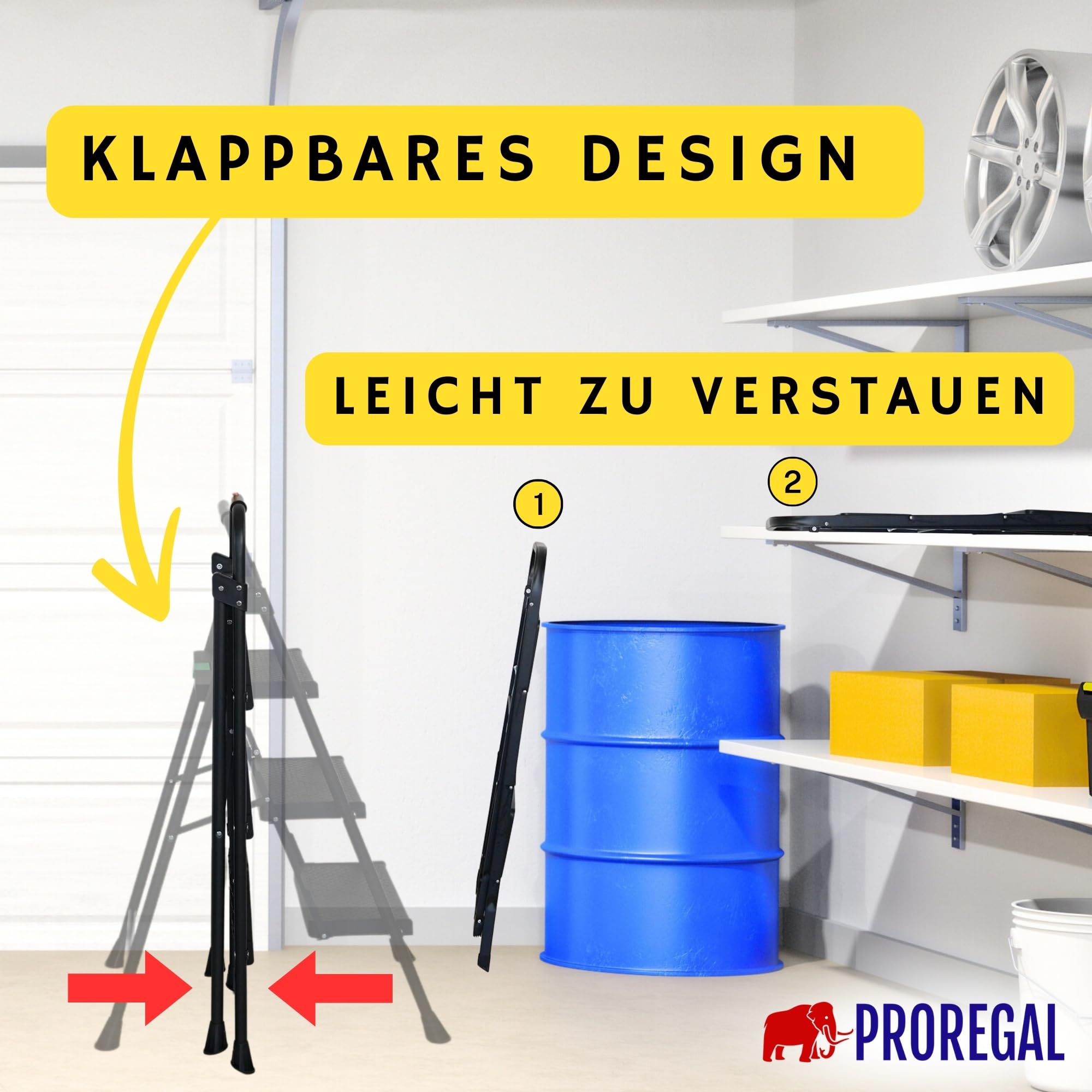 PROREGAL Trittleiter mit 3 Stufen TÜV extra breitem Anti-Rutsch-Tritt aus Leichtmetall, 5 kg leicht, klappbar Klappsicherung, bis 150 kg, schwarz, Leiter Klappleiter Haushaltsleiter Klapptritt
