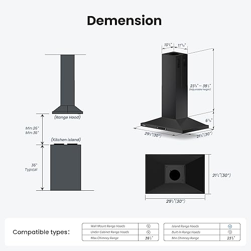 Miniatura 8 de Campana extractora de isla de 30 pulgadas, 390 CFM con control táctilgestos de doble cara, campana de ventilación de cocina de montaje en techo,