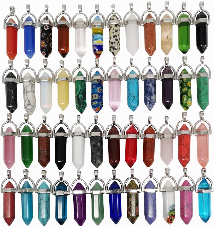 Chenkou Craft Assorted 40pcs Artificial Natural Stone Gemstone Bullet Shape Healing Pointed Chakra Beads Crystal Quartz Stone Charms Pendants for Necklace Jewelry Making Gift