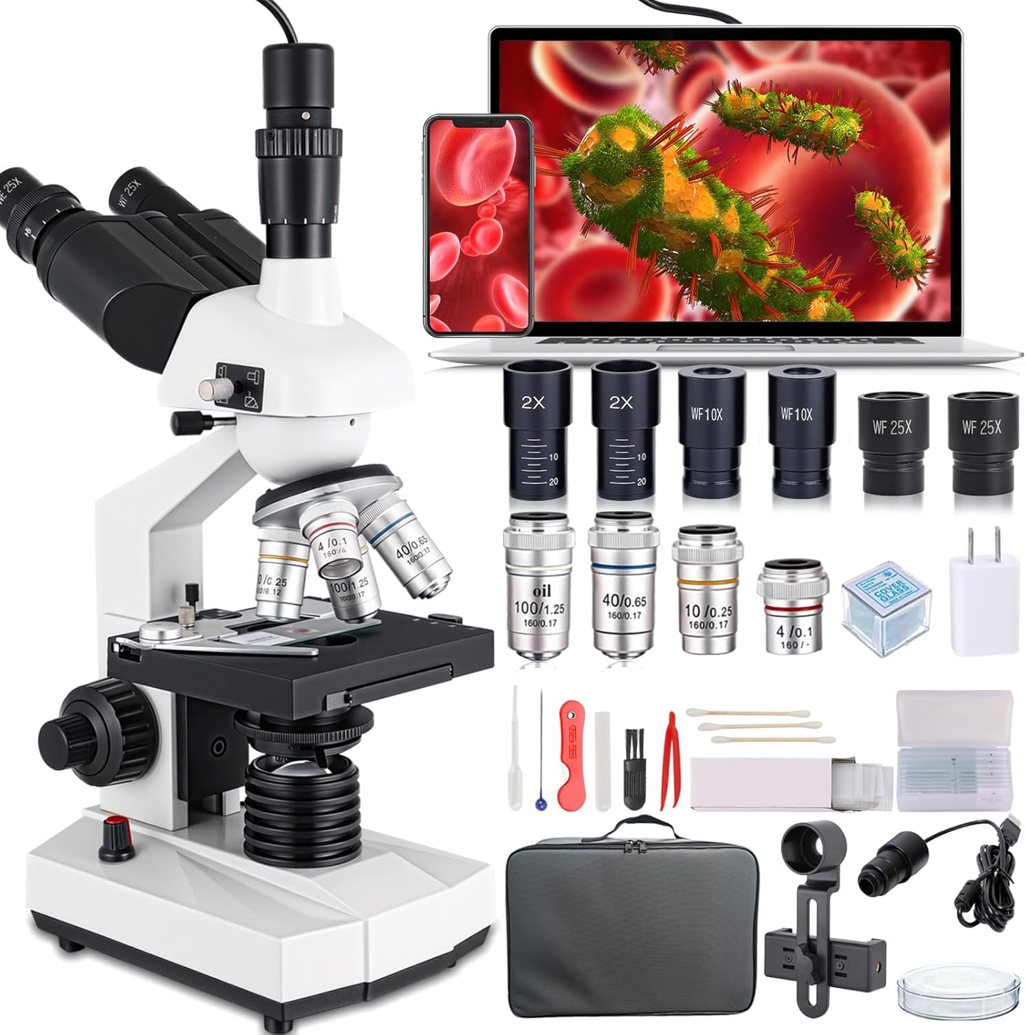 Compound Trinocular Microscope, 40X-5000X Magnification, Research Grade Professional Microscope with USB Camera and Mechanical Stage, Microscope for Adults (XWJ01)