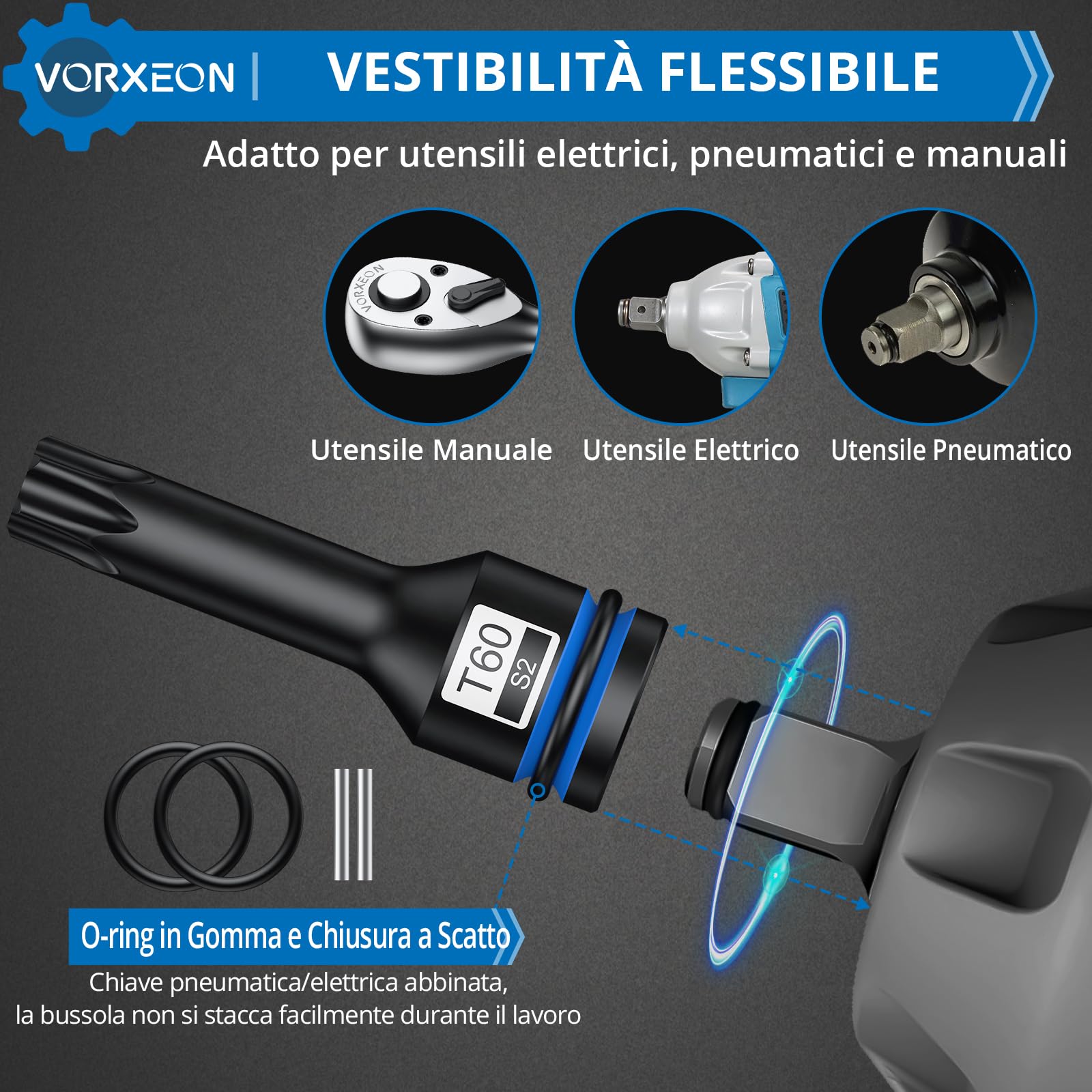 8PCS 1/2" Bussole per Avvitatore a Torx ad Impulsi, Set S2 in Acciaio Legato con Custodia da T30 -T80 Adattatori per Bussole a Torx a Percussione Adatto per Chiavi Pneumatiche, Pneumatico ed Elettrico