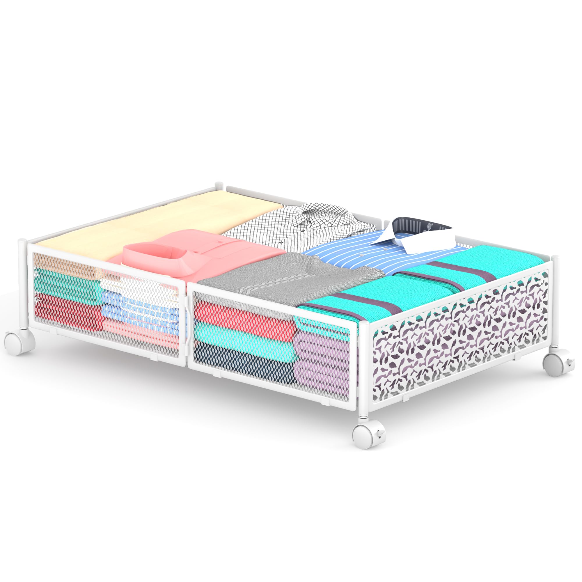 Contenitore sotto il letto con ruote, contenitore pieghevole in metallo intagliato sotto il letto, contenitore da 60 l, facile da montare sotto il letto, per scarpe, vestiti, coperte...
