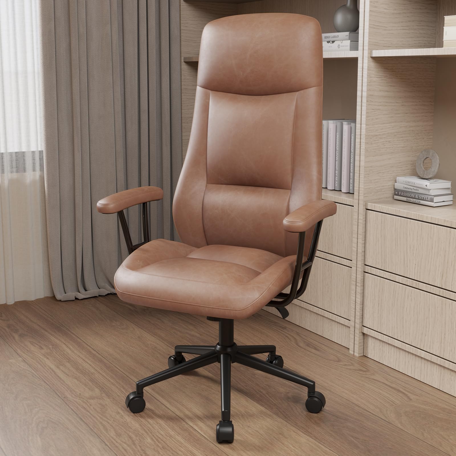 naspaluro Silla de Oficina PU Cuero, Silla de Escritorio con Respaldo Alto, Silla Ergonomica, Silla Giratoria con Función de Inclinación, Altura Ajustable, Silla Ordenador para Ejecutiva, Marrón