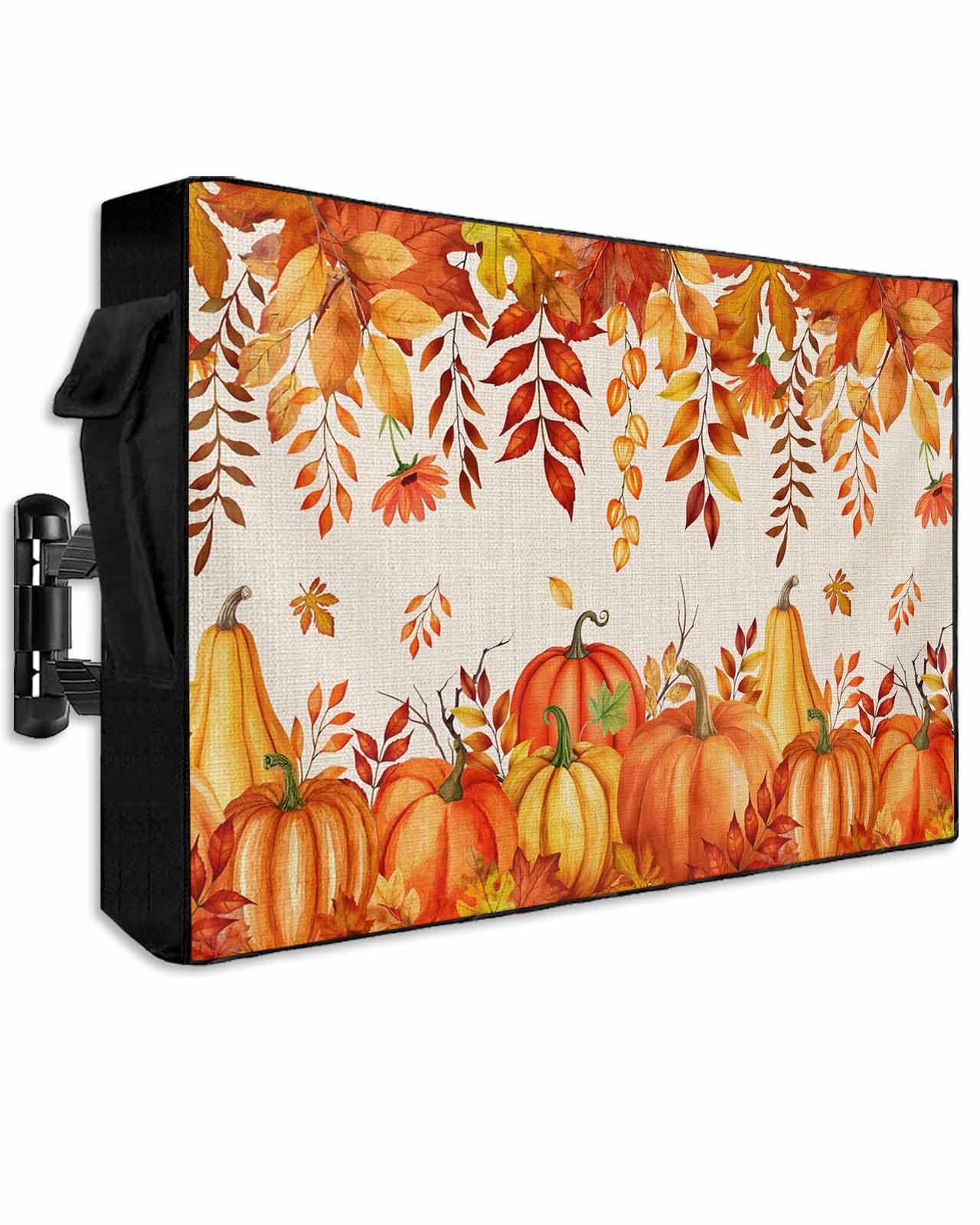 Thanksgiving Fall Pumpkin Maple Leaf Outdoor TV Cover 60 to 65IN Waterproof Weatherproof TV Covers with Zipper for Outside Flat Screen TVs Enclosure