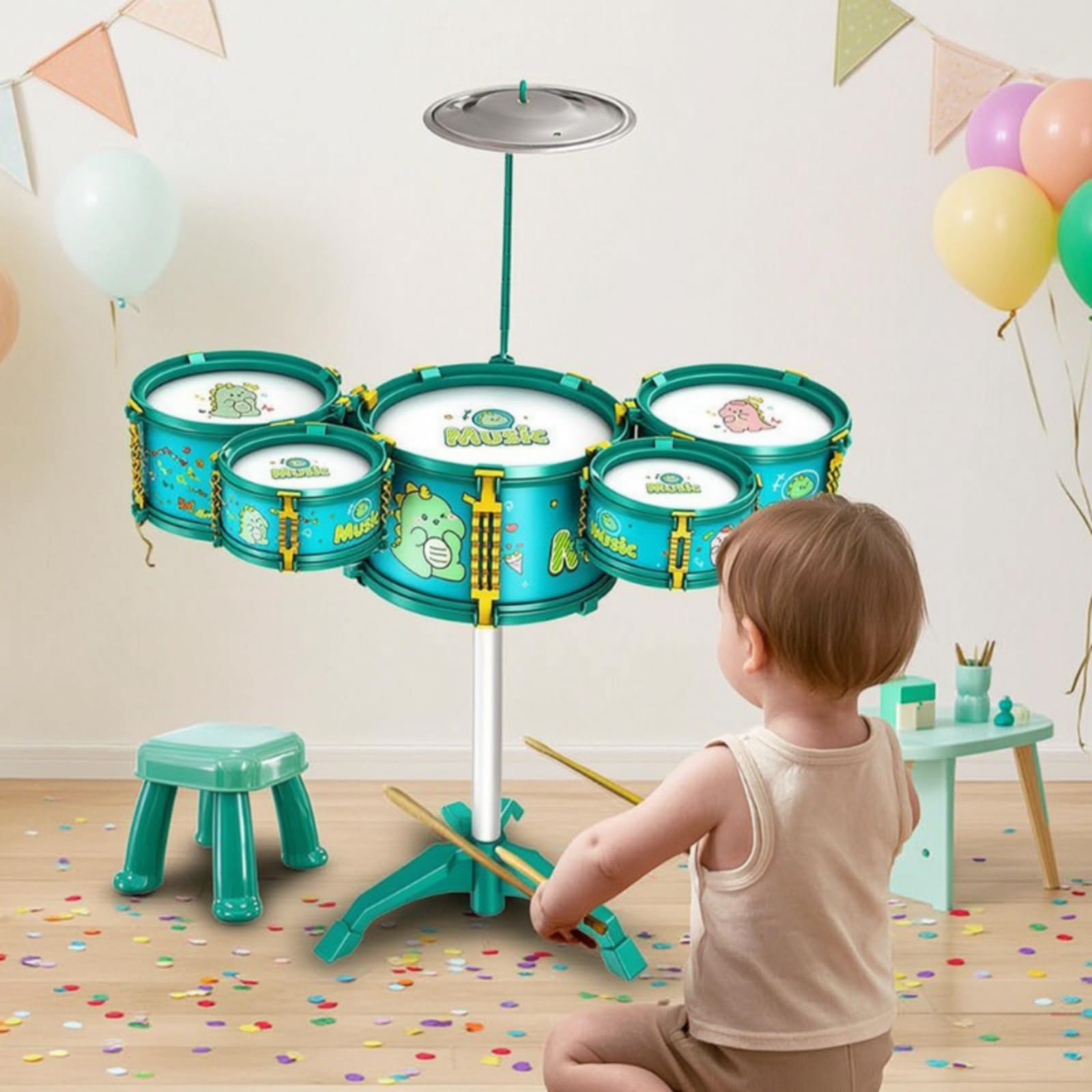 Harilla Batería Infantil de Juguete Set de Percusión Kit Musical Tambor para Niños Kit Completo con 5 Cuerpos y Platillo Sonido con Banqueta Adecuada para , Batería De Juguete con Diseño De Conejo