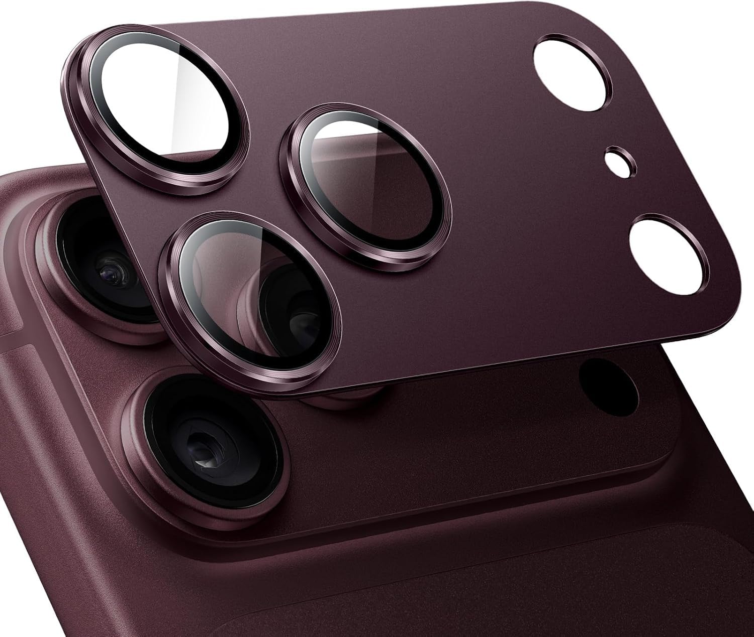 Ferilinso SUCGLES Camera Lens Protector for iPhone 18 Pro Max, 1-Pack, Dark Cherry Full Coverage 9H+ Tempered Glass, Matte Metal Plate, AR Coating, Scratch Resistant, Case Friendly