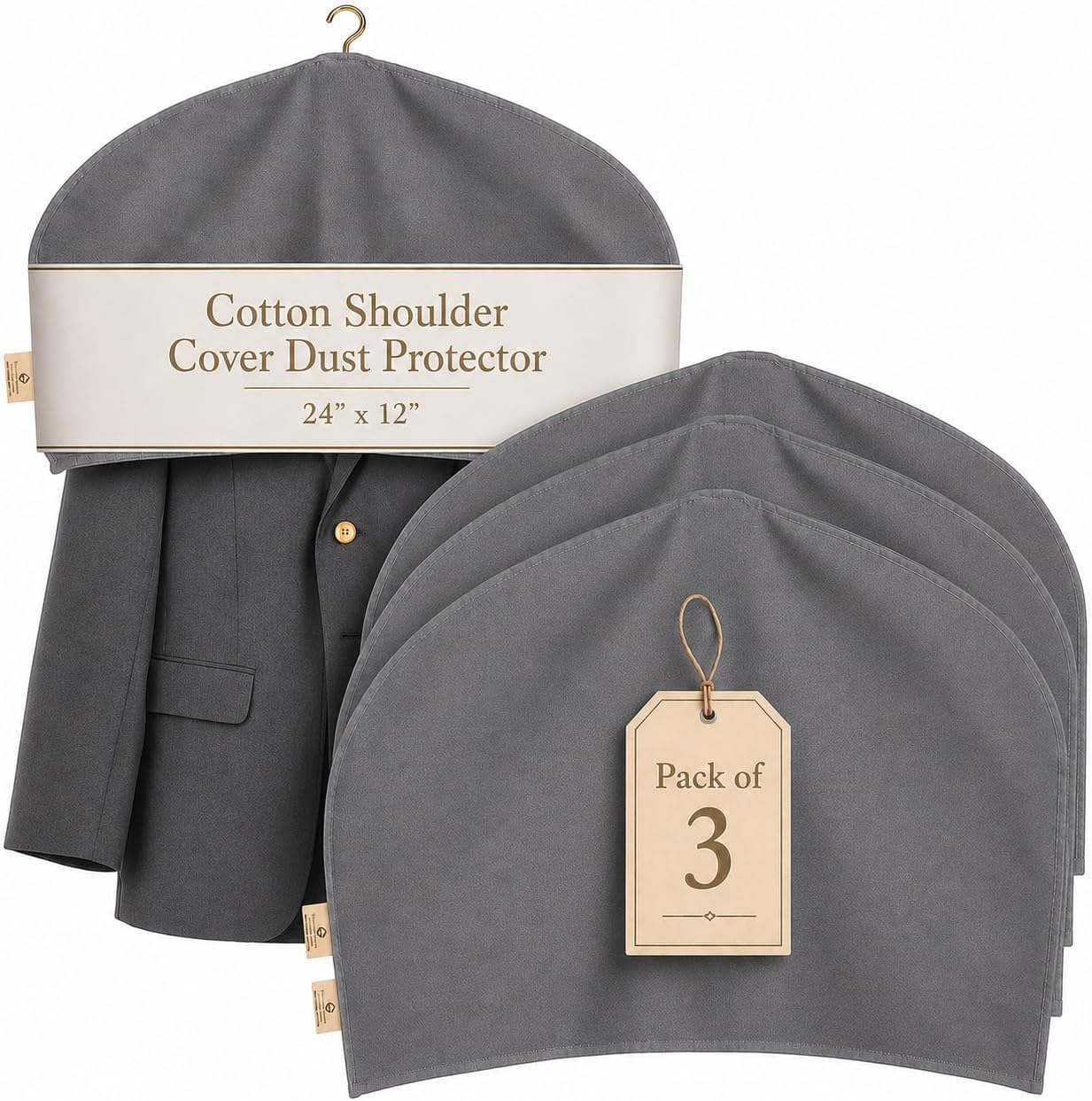 Shoulder Covers for Clothes - Breathable Garment Dust Covers Protectors for Suit, Coats, Jackets, Dress Closet Storage (Grey, Set of 3)