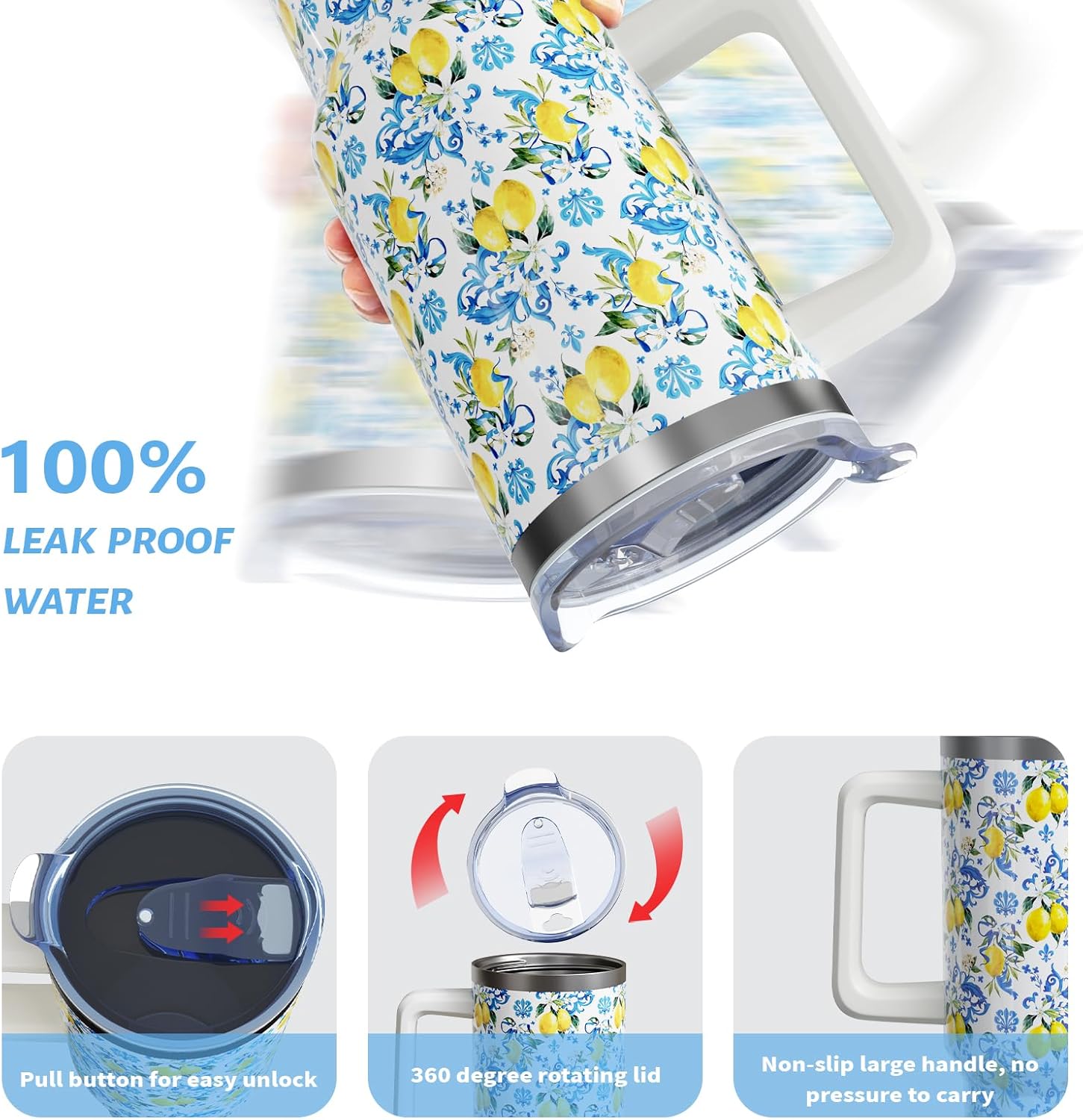 Lemon Gifts 40 Oz Tumbler with Handle and Straw Lid, Stainless Steel Insulated Cup, Water Bottle Mug for Women Men - Image 5