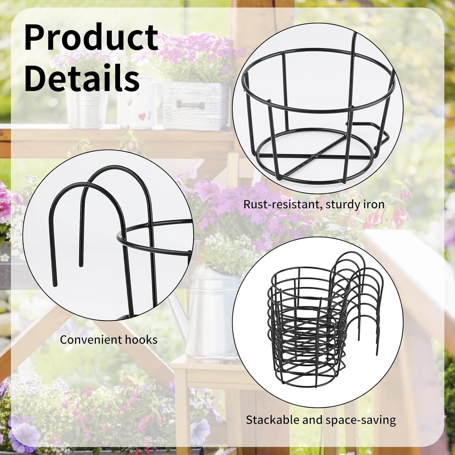 PineHaven 6 Pcs 6.1 Inch Iron Round Hanging Railing Planters,Hanging Flower Pot Holders,Metal Potted Stand Mounted Balcony Round Baskets Shelf Plant Holder with Hooks for Indoor Outdoor Plant(Black)