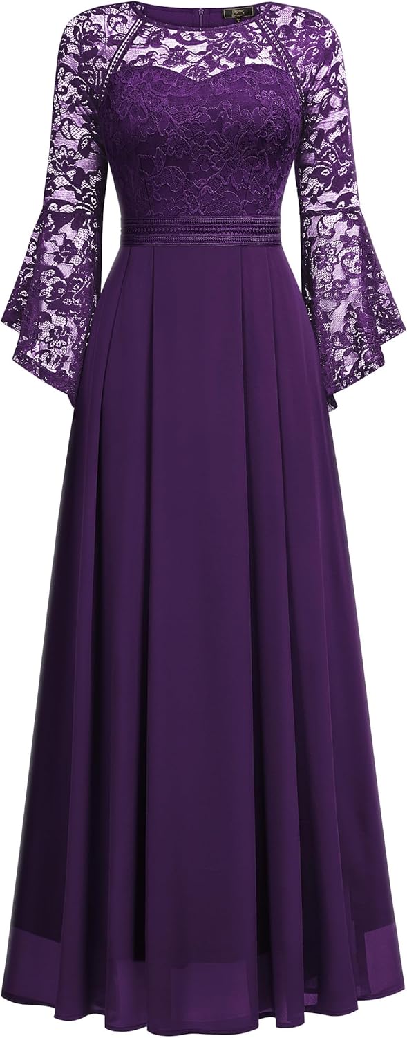 MISSMAY Women's Formal Lace Chiffon Bell Sleeve Wedding Party Long Dress - Image 3