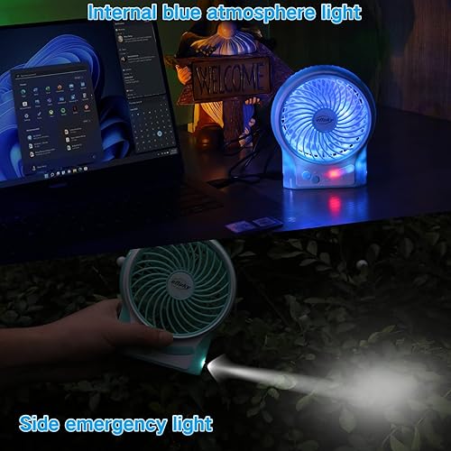 Miniatura 4 de efluky Ventilador de escritorio mini de 3 velocidades, recargable, funciona con batería y con luz LED