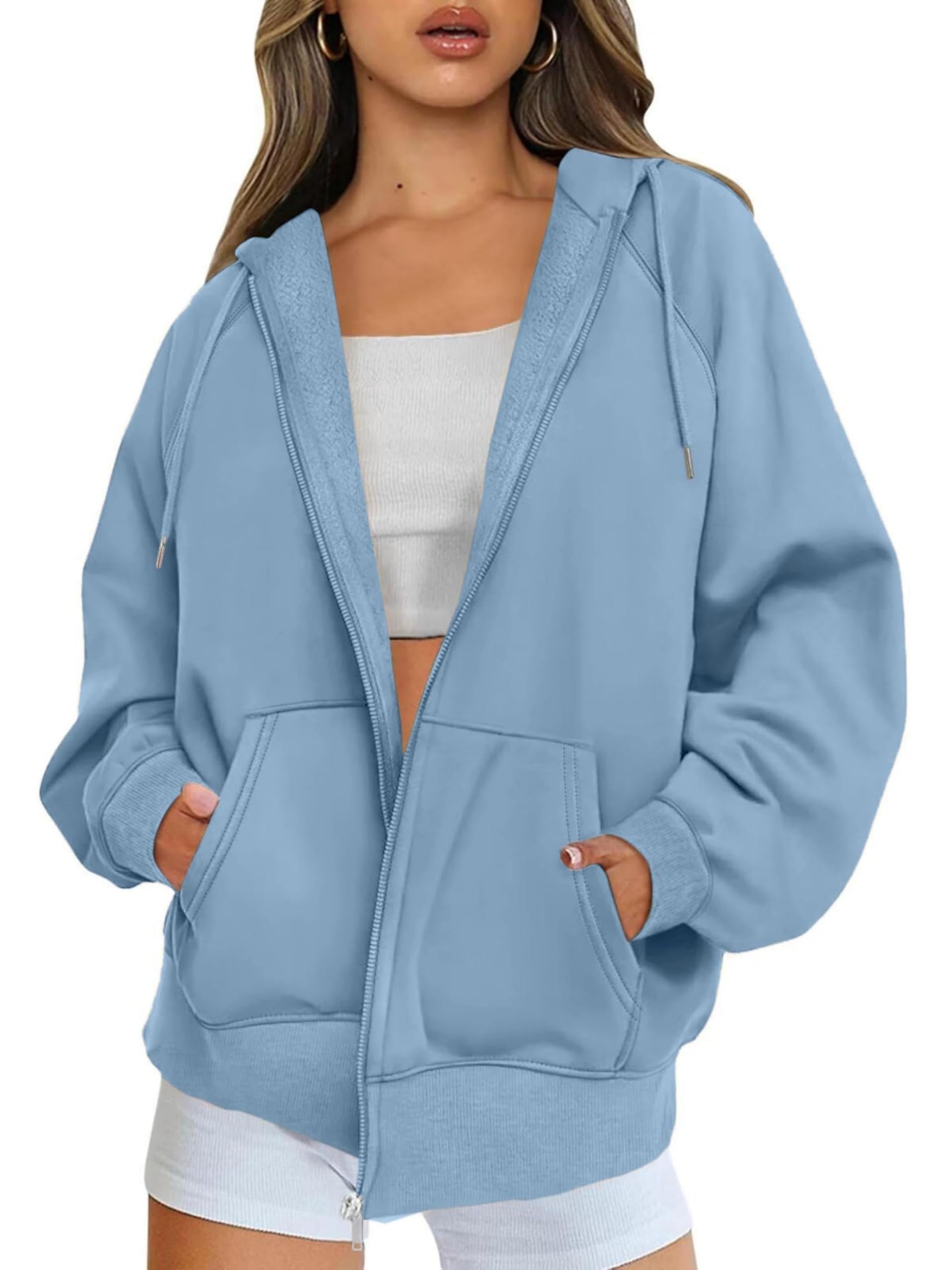 Timuspo Felpa con cappuccio da donna a maniche lunghe, con cerniera, oversize, in pile, tinta unita, per autunno, Y2k
