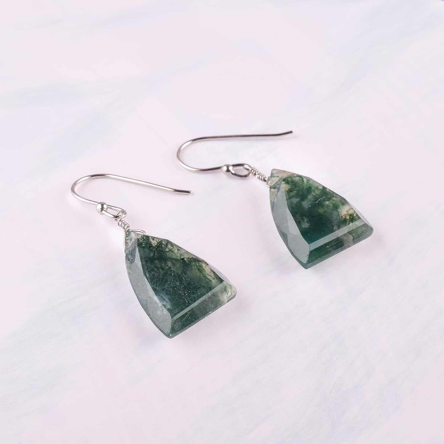 Natural Moss Agate Crystals Earring, Hexagon Cabochon Gemstone, Energy Healing Crystals, Birthday, Gift for Her, Gemstone Jewelry AAA+ Quality