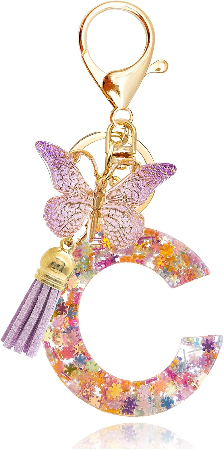OKAICEN Snowflakes Alphabet Initial Letter Keychain Purple Tassel Butterfly Pendant Key Ring for Purse Handbags Women Girl