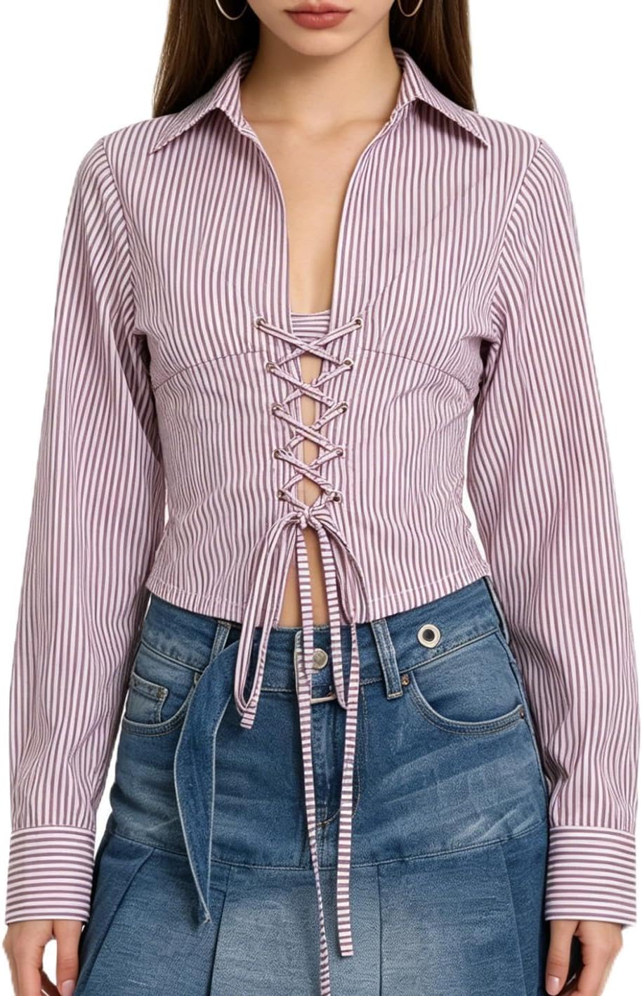 Going Out Tops for Women Purple White Striped Long Sleeve Button Down Lace Up Corset Blouse Y2K Tops for Women