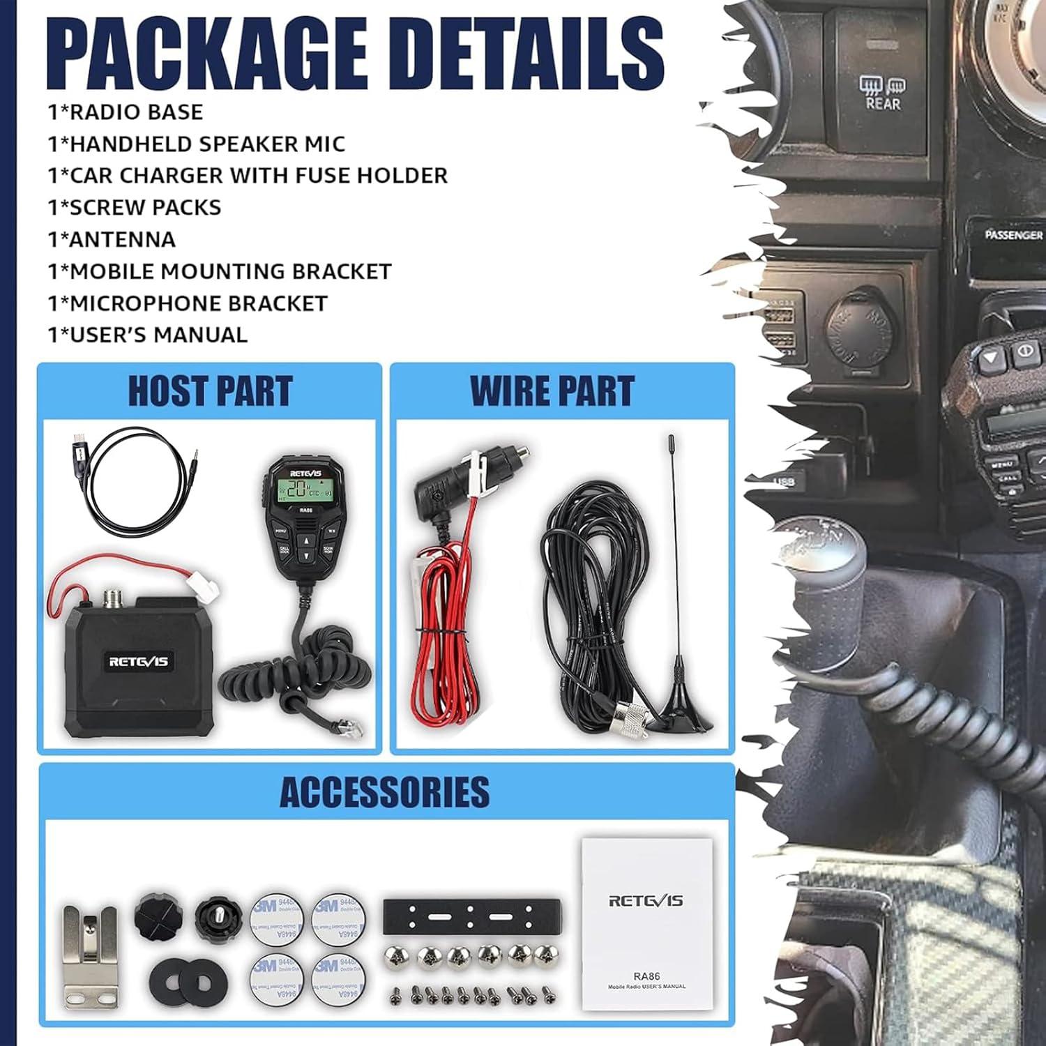 Retevis RA86 GMRS Mobile Radio - Update Chirp, GMRS Radio with Gain Antenna & Cigarette Lighter Plug, Repeater Channels Long Range Two Way Radio, NOAA Alert, Dual Speakers for Offroad, Jeep, Truck, RV