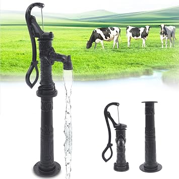 Pitcher Pump Vintage Cast Iron Hand Well Pump Rust-Resistant Outdoor Hand Water Pump for Well, Yard, Garden, Farm A - Black Pump + Base