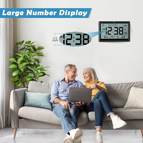 SZELAM Atomic Clock,10.5Large Display Digital Wall Clock Battery Operated,Digital Calendar Auto Setting Desk Clocks with Indoor Temperature,Humidity,Date,Day,Auto DST for Elderly Bedroom-No backlight