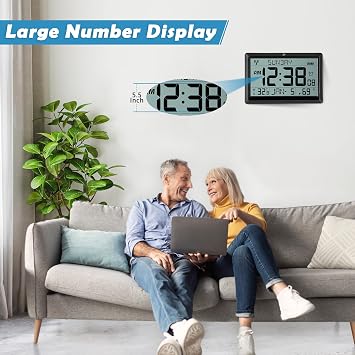 SZELAM Atomic Clock,10.5Large Display Digital Wall Clock Battery Operated,Digital Calendar Auto Setting Desk Clocks with Indoor Temperature,Humidity,Date,Day,Auto DST for Elderly Bedroom-No backlight