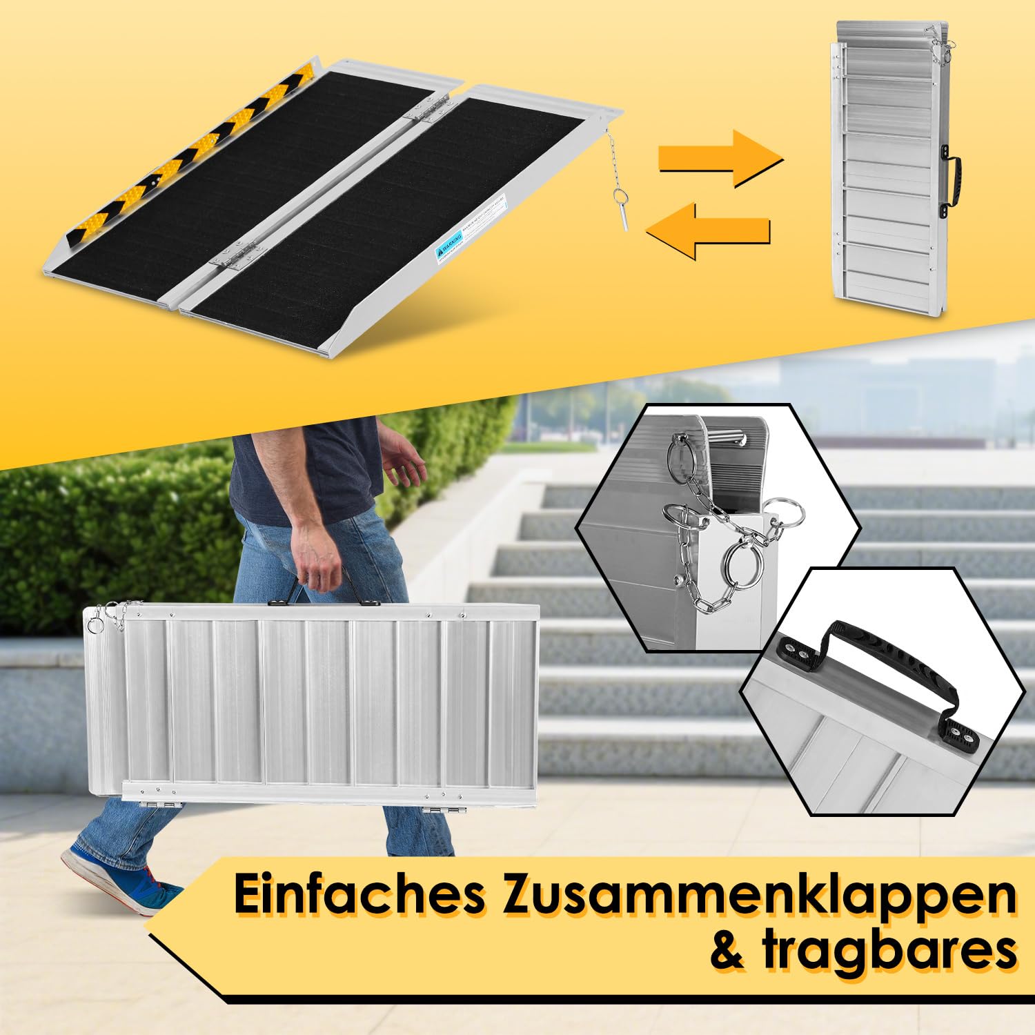Rampa plegable para silla de ruedas, 91 cm, rampa para silla de ruedas, rampa de aluminio, antideslizante, carril de acceso móvil, soporta hasta 270 kg, rampa plegable para escaleras,