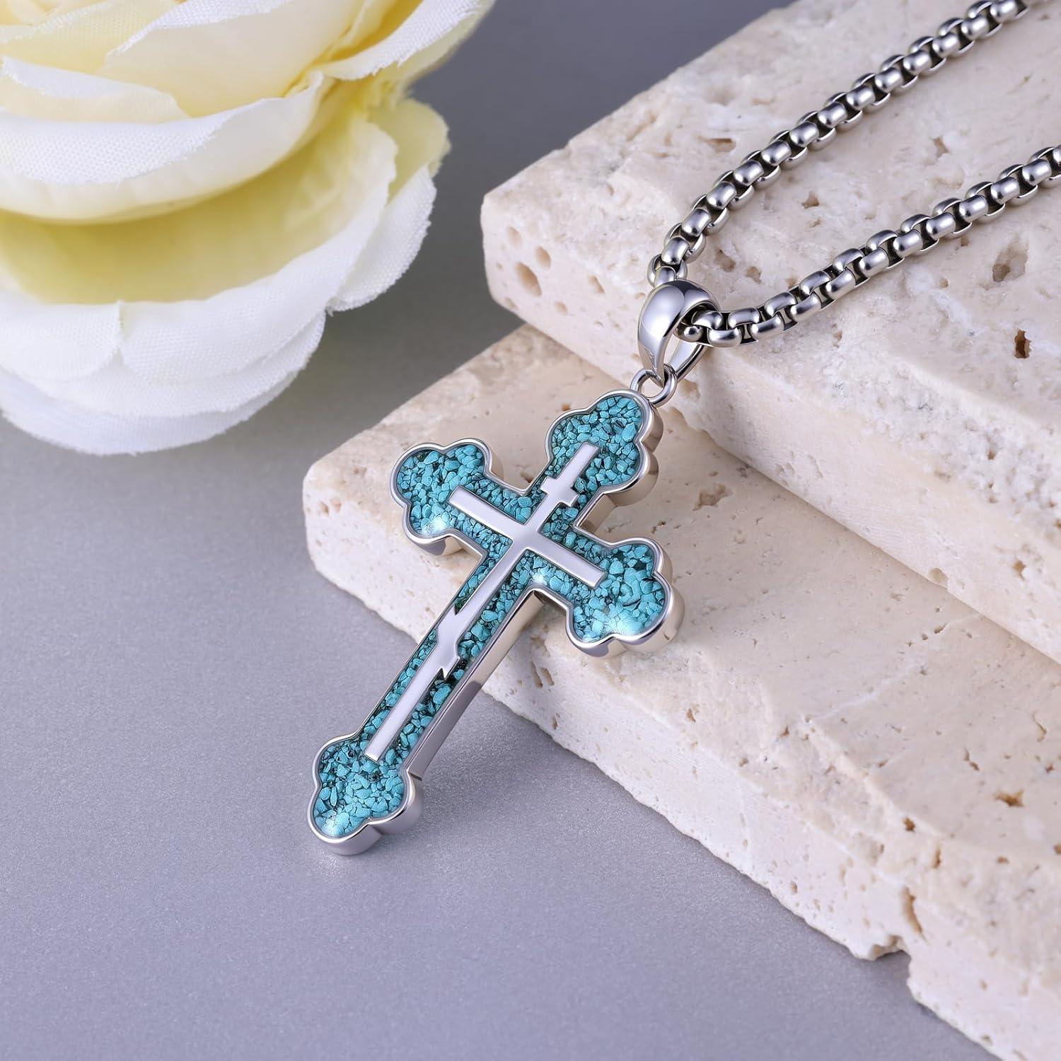 Orthodox Cross Necklace for Men, Sterling Silver Orthodox Pendant with Turquoise, Cross Jewelry Gift for Men - Image 3