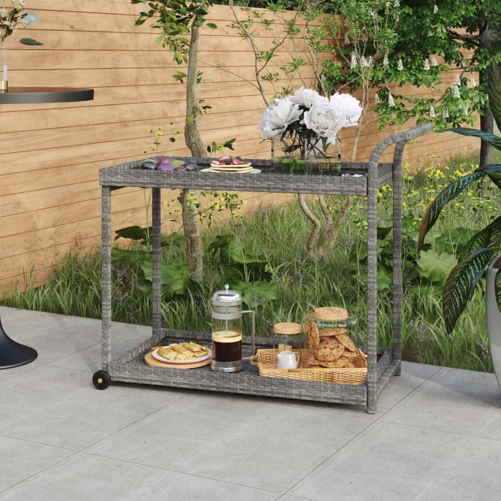 Bar Cart Gray Poly Rattan with Powder-Coated Steel Frame 39.4"x17.7"x32.7" Rolling Kitchen Cart for Dining, Food Storage, Mobile Utility Cart with Handle and Smooth Wheels