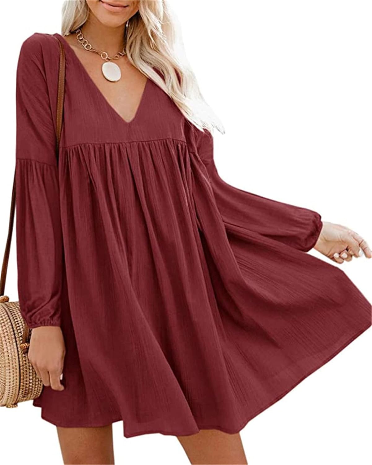 Womens Summer Long Sleeve Babydoll Casual Loose Flowy V Neck Swing Mini Dress Tunic Dress Cute Printed Ruffle Dress: Clothing, Shoes & Jewelry